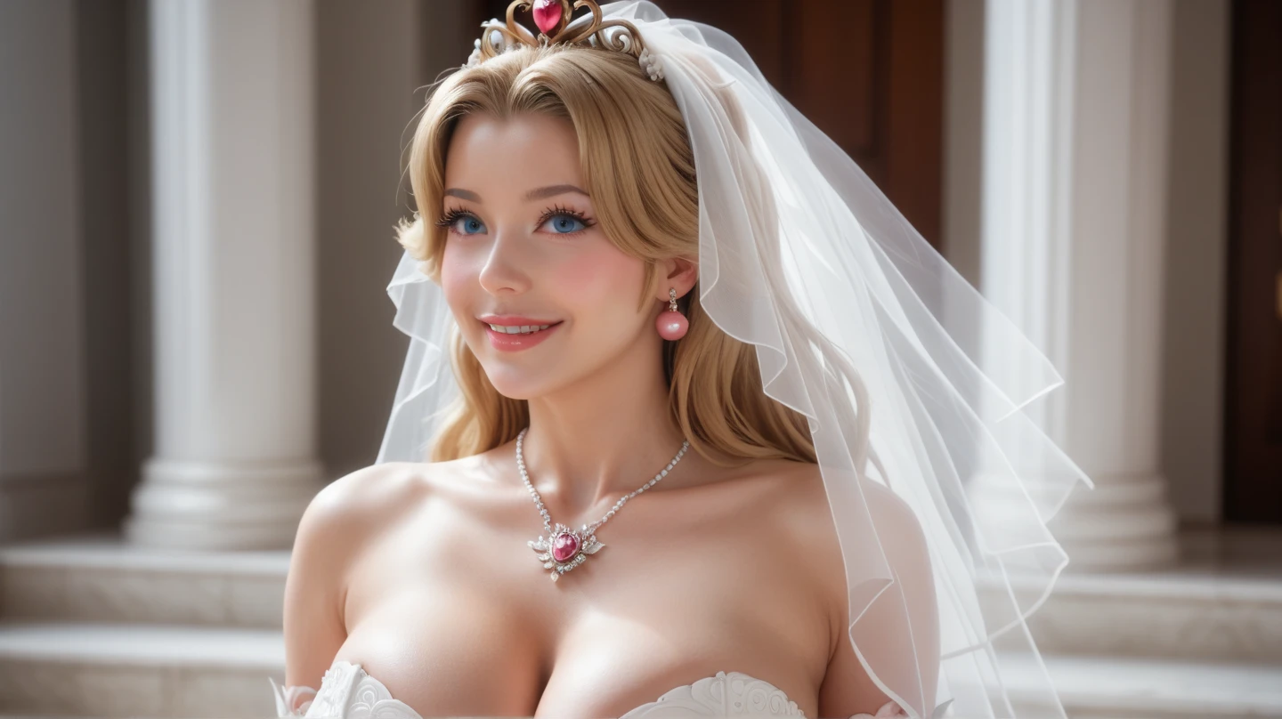 Princess peach, wedding, church, shallow focus, (people in background:2), girl is wearing white garter belt in wedding dress, pussy juice, no panties, large breast, narrow waist, wide hips, cum in pussy, 2boys, double penetration, At night