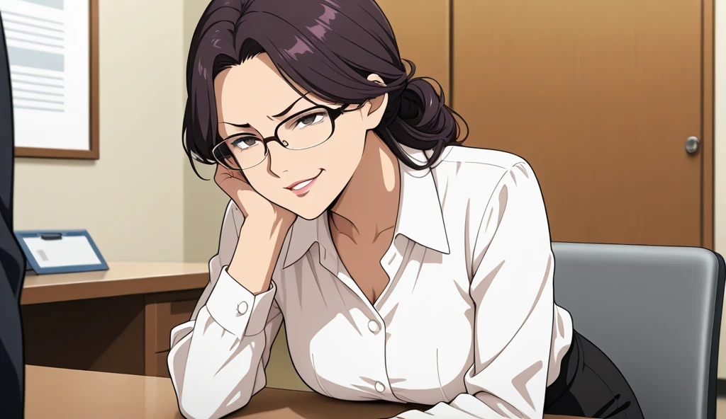 Anime style, office lady , sits at the table, looks