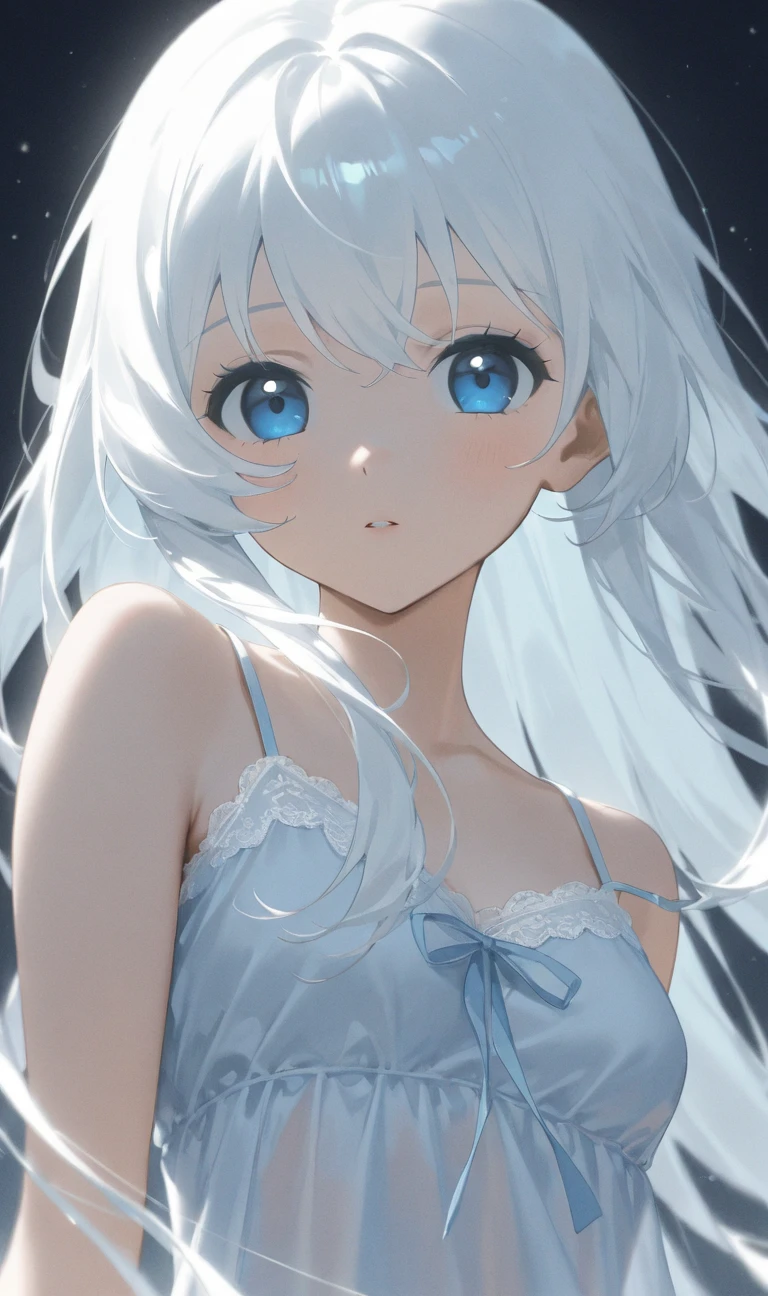 Anime girl with long white hair and blue eyes and also wearing a ...