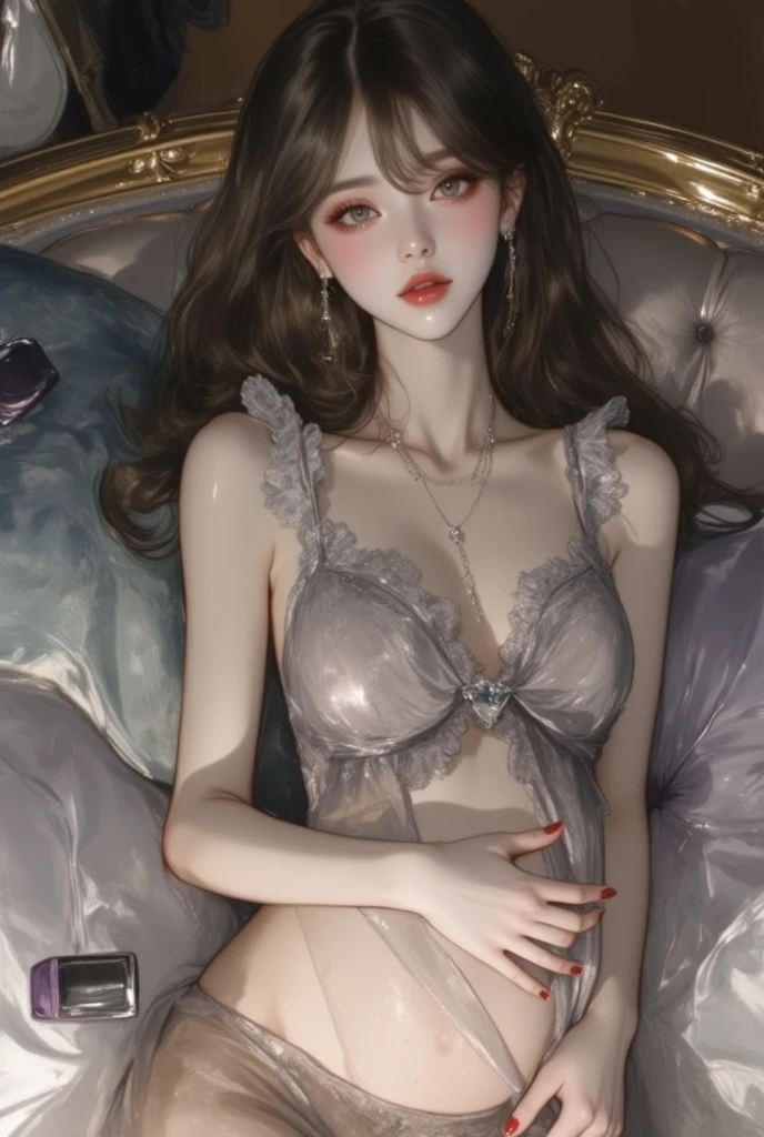 Best quality, masterpiece, ultra high res, (photorealistic:1.4), raw photo, 1woman hottie of 32 years old, goddess, off shoulder, pijama lace short pants, cinematic lighting