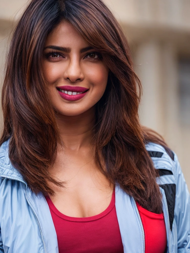 Aishwarya rai, is seen from the mid-chest up. She has long, dark brown hair and is wearing a bright pink sleeveless crop top and denim jeans. Her expression is neutral, and she appears to be in her late 40's. Her arms are raised, Showing navel ,wearing navel chainThe background is a plain, light gray. The lighting is even and bright, casting no strong shadows.  The composition is simple, focusing on the woman and her pose. The overall style is casual and somewhat , with a slightly posed appearance.