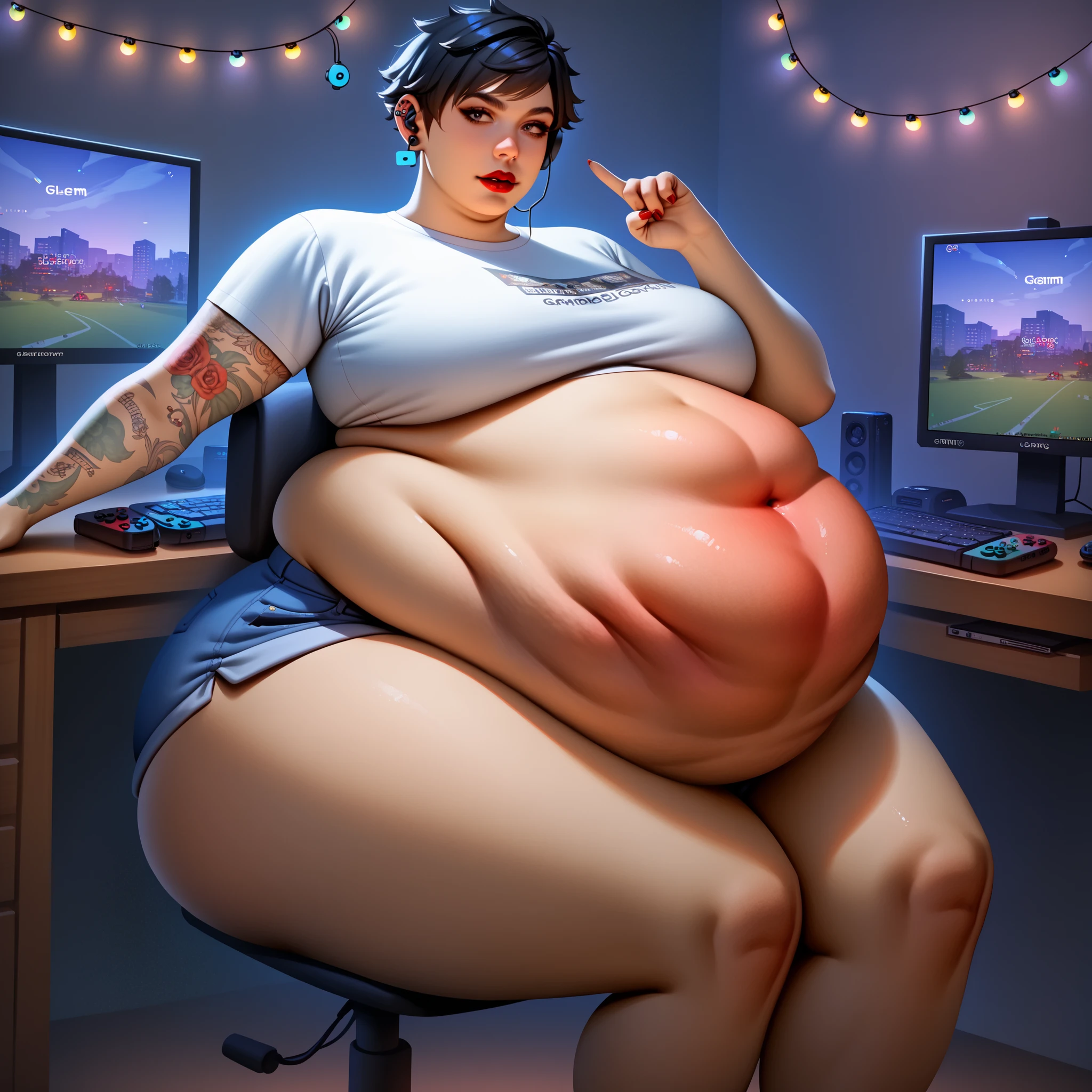 woman, 20 years old, long and wavy hair, black hair color, black eyes, dark skin, wearing a dress, ((a dark blue polo shirt)), the polo shirt covered only the upper body part, revealing her belly, ((had some provocative jaens)), sitting on the couch