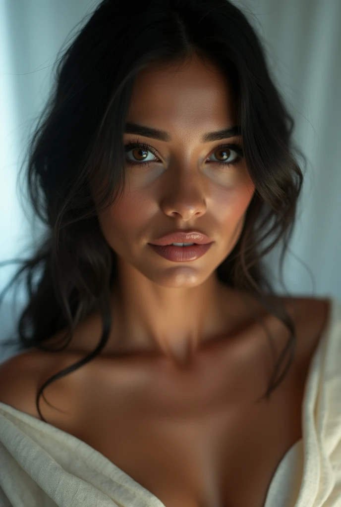 top angle view Indian woman bending down showing cleavage oversized think blouse sexy facial expressions prime professional lens, wooden house, rustic, magnificent cinematic lighting