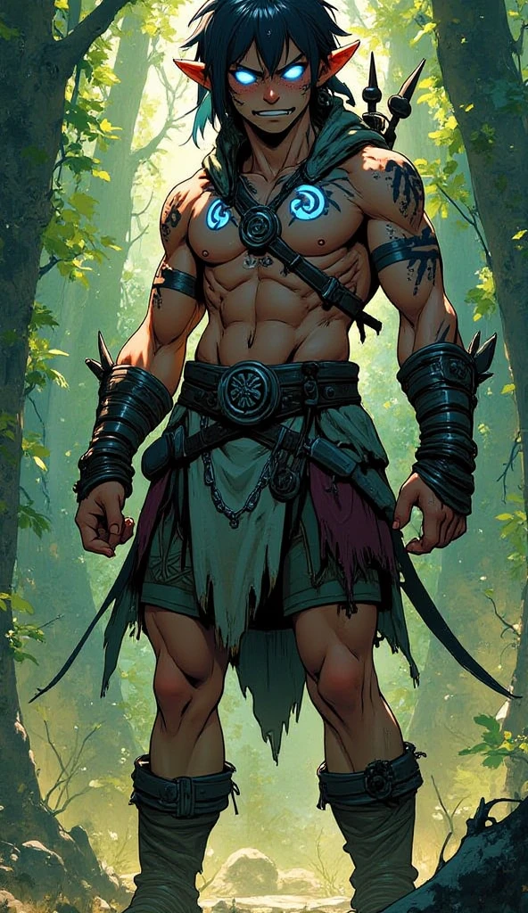 Poseidon Knife,a Greek god with dark hair and beard and some gray hairs,He has a tridnet in his hands,high evening,stark,full of thick and huge muscles,male from male,with only a loincloth covering their genitals and wearing ancient Greco-Roman robes, he will be harassing Demeter,A GREEK GODDESS, with blond hair,beautiful face and body and green Greco Romnaks costumes that leave her body semi naked,she would be trying to escape from Poseidon, the two of them are in a forest with Greco Roman architecture 