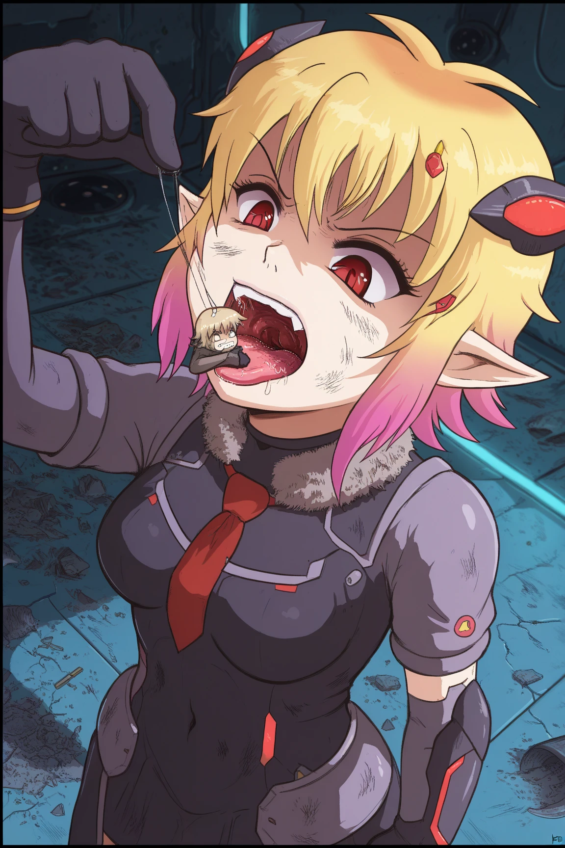 1girl, psgscanty, red skin, evil smile, looking at viewer, horns, v-shaped eyebrows, jacket, red necktie, skirt, nsfw, (((gangbang))), cum, cum in pussy, cum in ass, ((bukkake:1.4)), ((facial:1.4)), ((excessive cum)), cum on face, cum on hair, cum on clothes, cum on body, penis