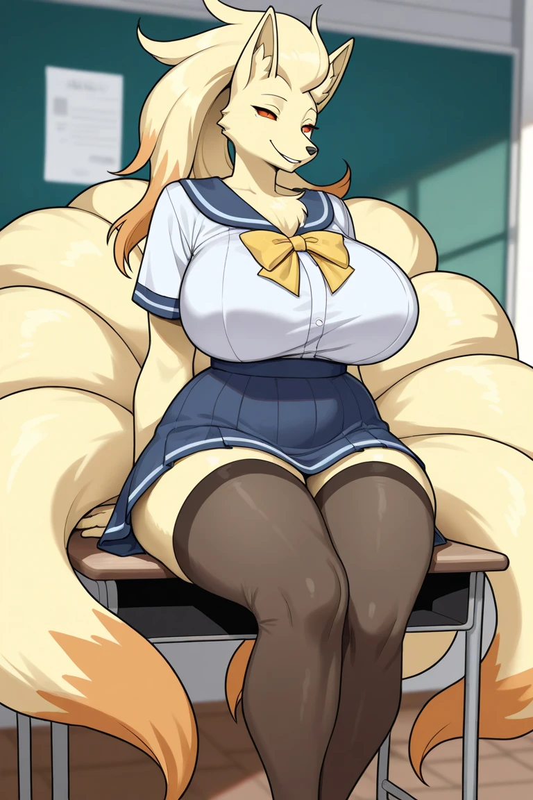 top quality, best quality, by rzminjourney, by vector-art, High-quality illustrations, masterpiece)(kemono, furry anthro)logo mark, round, female, slim body, big breasts, wide hips, clean eyes, yellow eyes, climax, zoomed out. In a classroom, lamia, cat lingerie, covering her crotch,