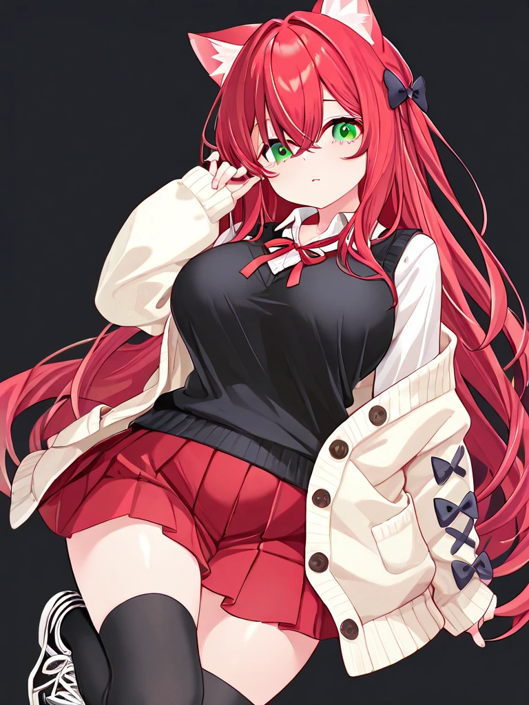 best quality, <lora:Mio_NaruseV4:1>, Mio_Naruse, 1girl, solo, thighhighs, skirt, school uniform, red hair, long hair, zettai ryouiki, black thighhighs, ribbon, hair ribbon, arm up, pleated skirt, open mouth, two side up, ribbon trim, breasts, white background, full body, simple background, shoes, serafuku, smile, large breasts, looking at viewer, ribbon-trimmed legwear, loafers, red eyes, standing, black skirt, long sleeves