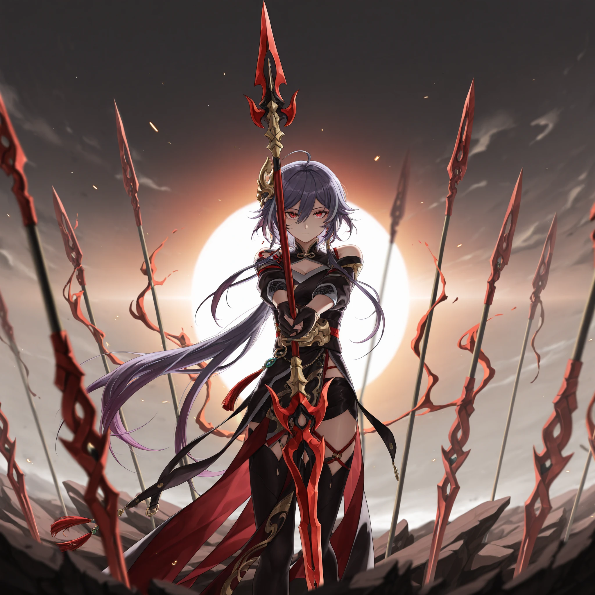 masterpiece, best quality, amazing quality, very aesthetic, high resolution, ultra-detailed, absurdres, (hands:-0.22),
1girl, woman, solo, (looking at viewer, three quarter angle, quarter shot, medium shot:1.19), seeledef, purple eyes, purple hair, multicolored hair, long hair, hair between eyes, ahoge, (FuHua, Fol005, Fh_Hos, fu hua:0.33), red eyes, very long hair, dragon spear, Chinese styled spear,
BREAK, depth of field, volumetric lighting