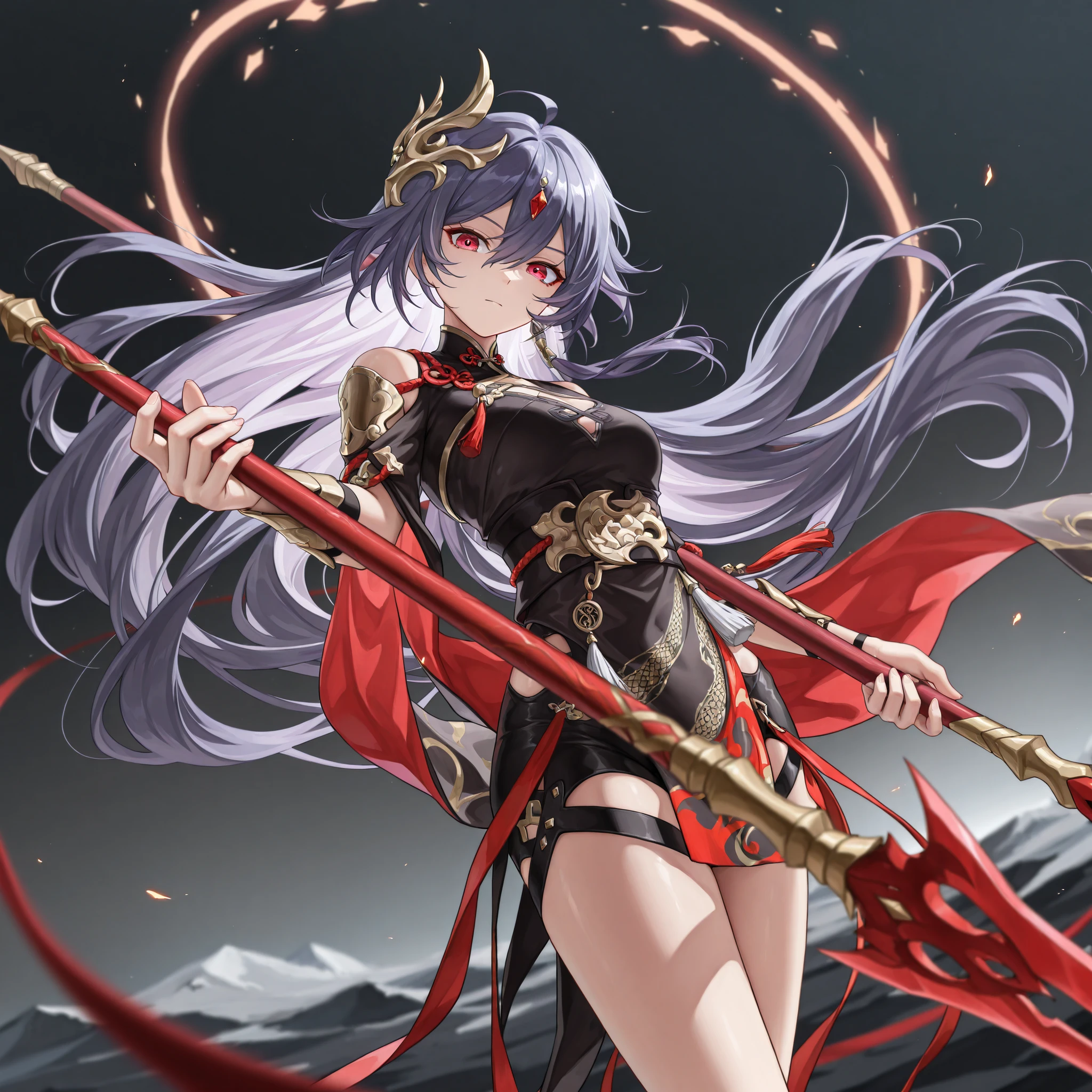 masterpiece, best quality, amazing quality, very aesthetic, high resolution, ultra-detailed, absurdres, (hands:-0.22),
1girl, woman, solo, (looking at viewer, three quarter angle, quarter shot, medium shot:1.19), seeledef, purple eyes, purple hair, multicolored hair, long hair, hair between eyes, ahoge, (FuHua, Fol005, Fh_Hos, fu hua:0.33), red eyes, very long hair, dragon spear, Chinese styled spear,
BREAK, depth of field, volumetric lighting