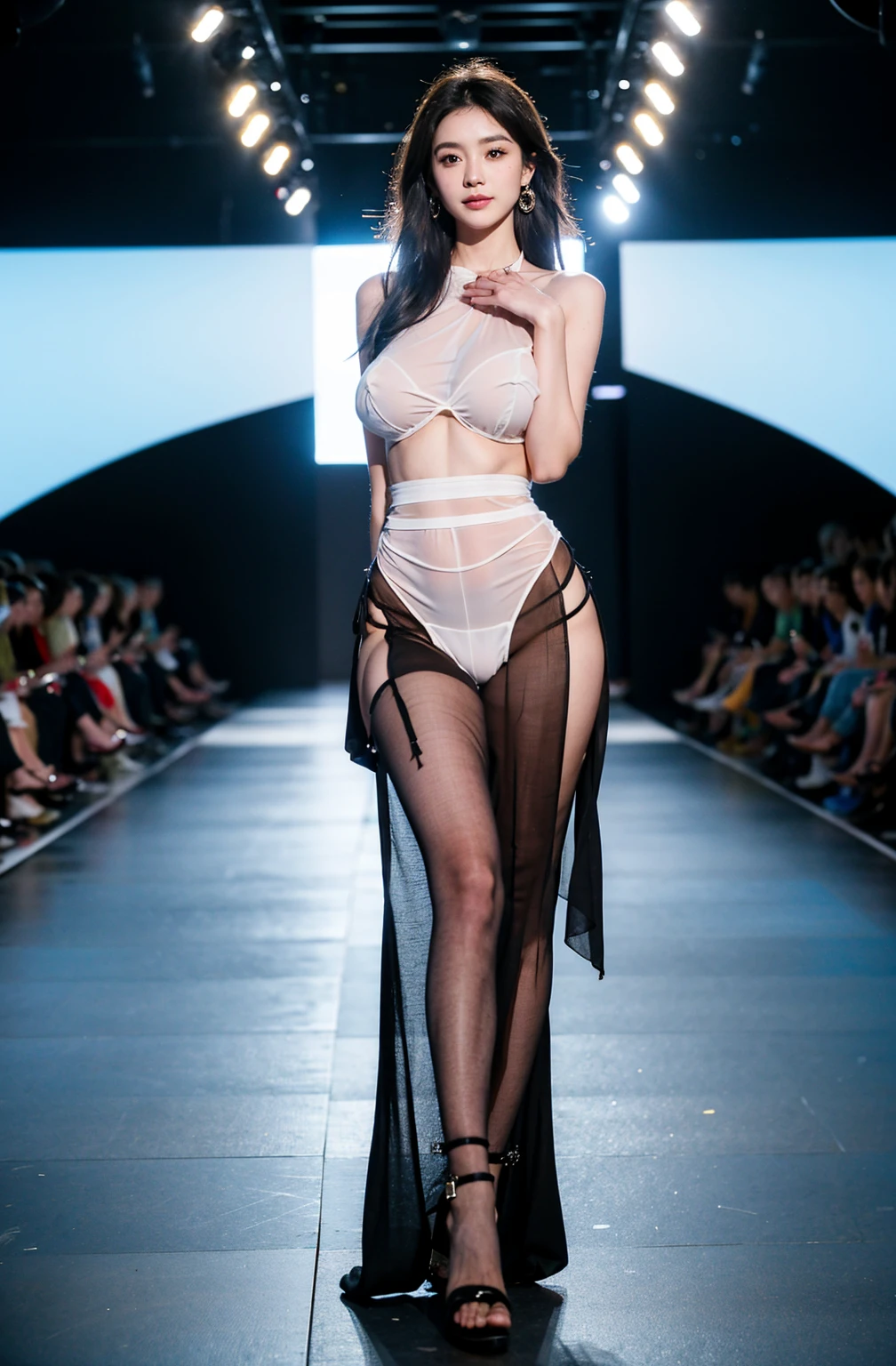 ((top-quality、8K、tmasterpiece:1.3)),Model walking on the runway in lingerie,Ethereal!!!!!!!,Bigchest,Barefoot,Guan Xiaotong, Ethereal!!!, big breasts thin waist