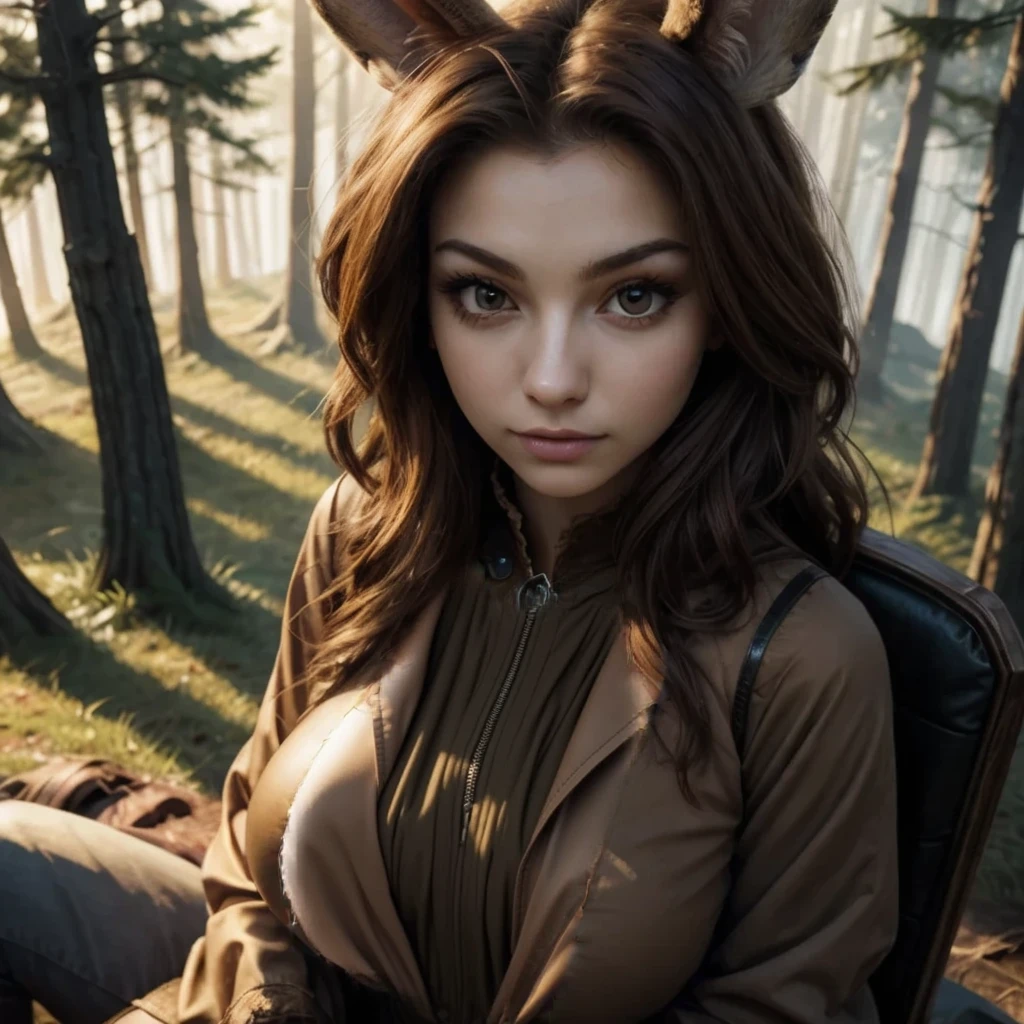 Sexy woman with seductive eyes and pouty lips,, gorgeous woman 35 years old, ((who embodies the essence of mature allure, sophistication, and sex appeal)),a ((native american elf)). She wears a brown leather bikini, fur boots, fur bracers. (((native American))), 1woman , curvy, slim waist. ((black hair)), long hair, coco skin, Dark skin, brown eyes. (detailed eyes, detailed face), smile, red lips. Square jaw, high cheekbones, strong jaw line. Show her wrestling with a wolf. pov from above