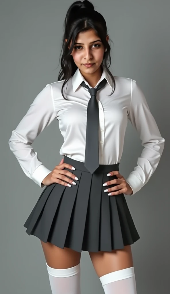 (masterpiece, best quality, ultra detailed, absurdres)1.5, 1girl, (sexy, beautiful woman, perfect face, perfect eyes, perfect female body, large breasts)1.5, (school uniform, bow-tie, white shirt, [blue|red|green|purple|black] pleated skirt, thighhighs, garter straps, [loafers|mary janes], <lora:School Dress By Stable Yogi:0.8>, <lora:DETAIL_SLIDER_BY_STABLE_YOGI:0.5>), (full body, standing, indoors, school hallway), perfect lighting, smooth, hdr