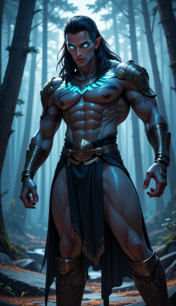 "Create an image that depicts Hades, inspired by the book descriptions of Hades and Persephone, written by Scarlett St. Clair. Hades is described as an imposing and seductive Greek god with a dark and powerful aura. He possesses a tall stature and a sculpted body, emanating strength and authority. Her black hair is long and dense, falling in seductive waves over her broad shoulders. His deep eyes are the most intense blue color, conveying a magnetic mystery. He has majestic black horns that curve elegantly around his head, further underscoring his divine nature. The expression on his face reflects a piercing gaze, full of power and knowledge of the dark world he rules. (His skin is pale), like the silvery light of the moon, contrasting with the gloomy scenery around him. In addition, Hades is depicted wearing elegant and majestic costumes, which perfectly match his imposing presence. Their appearance is a balance between beauty and power, attracting both admiration and awe. When creating the image of Hades, be sure to capture his dominant presence, the intensity of his gaze, and the combination of his dark and seductive features. The image should convey the strength and mystery that surrounds it, bringing to life this fascinating Greek god of the underground."