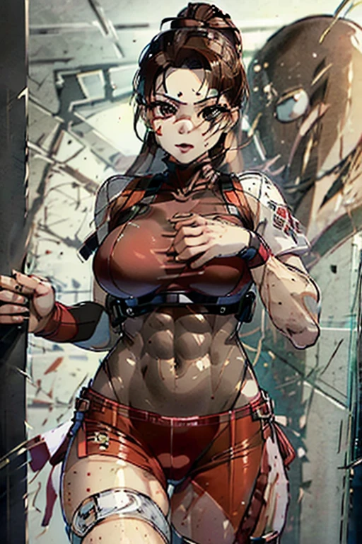 Giantess ((Revy from Black Lagoon)) fierce and reckless (masterpiece best quality) smirk of confidence, eyes sharp with aggression (real picture intricate details) (1 lady solo tall and athletic body) short brown hair, dark brown eyes (tight tank top and shorts, highlighting her combat-ready physique) towering over a tiny gangster, her guns aimed at him, the thrill of danger and power surging through her veins. She revels in the feeling of absolute dominance, her smirk widening as she watches him tremble. Background: Seedy back alley, the air filled with tension and the scent of gunpowder.


