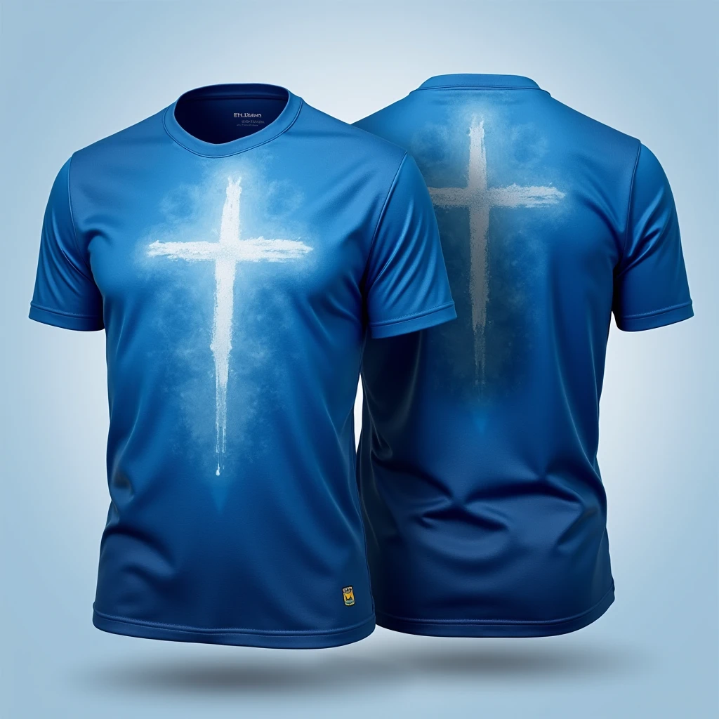 A bottomless shirt designed with gradient colors of blue from the lightest to the darkest, which will have on one side the edge of a small Virgin of Coromoto 