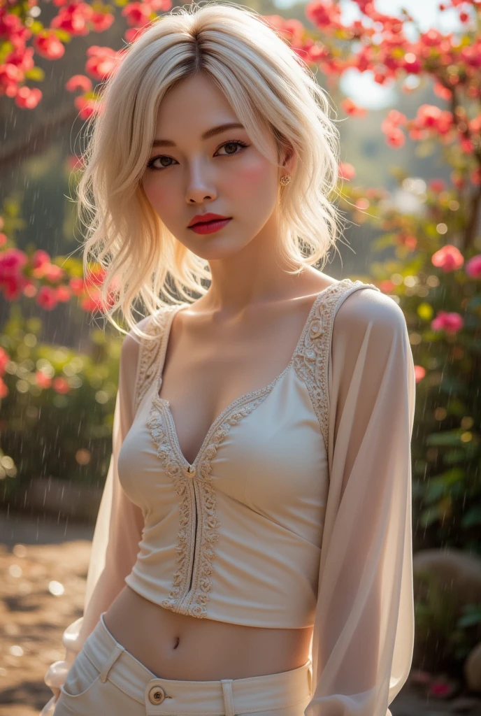 gorgeous blonde young african american woman, marilyn monroe, soft, windy, gravity tits dripping, dripping hair, wet tshirt, freckles, rimlight, freckly skin, dust, sunrays, fireflies, hazy, dreamy, sweaty, bathing in light, butt clevage, sweat, backlighting, romantic mood, french, dusty highway, flowers in wind, fog, haze, sweaty, dripping, hot girl, humid, wet hair, see through sexy, showing clevage, rose petals, beautiful face, sunlit, covered in flowers and petals, godrays, cozy, wet skin, morning dew, backlighting, hazy, golden hour, morning light, erotic mood, alone, countryside, shy, masterpiece, best quality, ultra-detailed, solo, smoke, shadows, contrast, close-up, cinematic light, side lighting, ultra high resolution, best shadow, RAW, 4k, sexy, cleavage