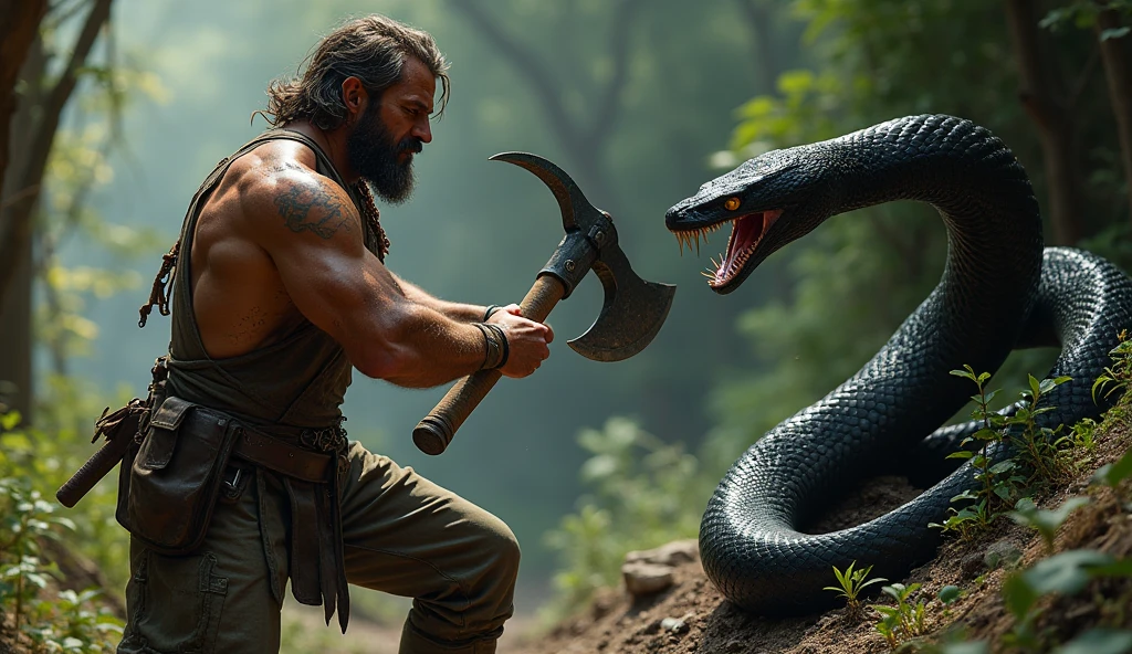 a man, with long hair, muscular body, smoking, holding an axe, fighting a dragon, giant dragon, dragon spitting fire, black dragon, full body, 8k, whole body visible, realistic picture, super clear picture, high resolution