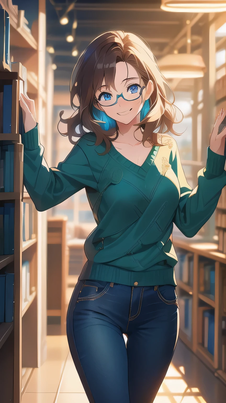1 female, 22 years old, short wavy brown hair, blue eyes, big , freckles, glasses, green sweater, happy expression, loving expression, cute, library background, dramatic lighting, cinematic composition, digital art, concept art, photorealistic, 8K, HDR, professional, intricate details, vivid colors