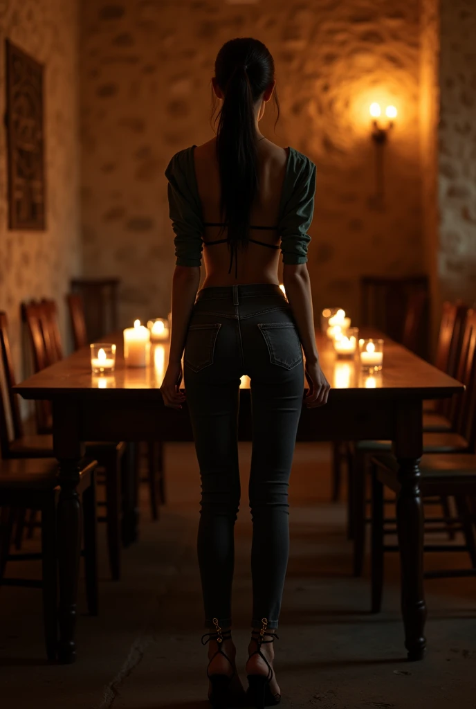 Four 12-year-old high school girls, very long hair like rapunzel,innocent face,tender,totally naked without clothes,erect nipples,big breasts, thin waist, long and shapely legs,in a dark room in the castle,Red curtains,swords on the wall,Spider webs, sleeping in a very large bed lying face down,flexing one leg ,Burning torches on the wall illuminating the room.,(showing buttocks and looking back) (views from behind)ultra detailed, 8k quality