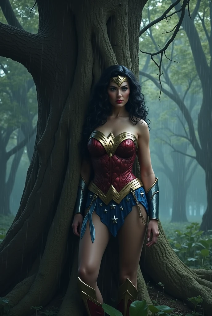 NSFW, heart wrenching horrified tragic scene, (masterpiece, 8k, UHD, realistic, highly detailed :1.36), Full length photo with legs, amazing stunningly beautiful (Cindy Crawford :1.3) as (undercover wonderwoman :1.1), spectacular, seductive, captivating, sultry, cute, sweet, sensual, sexual, 1girl, solo, (glitter sequin vibrant burgundy bodycon dress, backless dress, gold corset, strapless, sleeveless, heart deep neckline, daring slit maxi dress, daring split dress, tight-fitting dress,dress is crooked and disheveled and twisted :1.36), goddess, queen, pretty mature woman, messy MILF, (deadly drunk woman :1.2), diadem, high heeled sandals, white lace stockings with suspenders, (long satin tight opera elbow gloves:1.2), exposed sexual thong.
Supermodel appearance, feminine appearance, (Very long hair, extremely long hair, thick voluminous hair, flawless hair, disheveled and messy hair), perfect surrealistically ideal hourglass figure, gorgeous face, sexual large cleavages, perfect voluptuous bust, erect nipples, very wide motherly hips, large hips, firm shapely buttocks, pronounced noticeable thigh gap, sexual strong long legs. (Very sweaty, sweats profusely, skin shines with sweat), (Very clumsy dynamic position due to very high heels and intoxication, drunken gait). (Severe intoxication, severe poisoning, fever, fever heat, sickness, ail, illness, powerless, qualm, qualmishness, vomiting, helpless, saliva :1.2). (pushing very hard, defecates heavily, difficult peeing, peed herself, shit herself, diarrhea, uncontrolled defecation, poops, stockings covered in urine and fecals:1.3), (Whore, slut), (twisted body, severe pain, wrinkled in pain, hyper intensive agonized contractions, shaking in pain, bouncing breasts, discomfort), (distressed, frightened, fearful, panic, shock, crying, tears apart), (life-fluids, snot, saliva, urine, fecals, cum :1.2)
(Foggy mysterious atmosphere) in (Dark Forest :1.3), chaos, (CarnageStyle:1.36), (dark), (chiaroscuro),