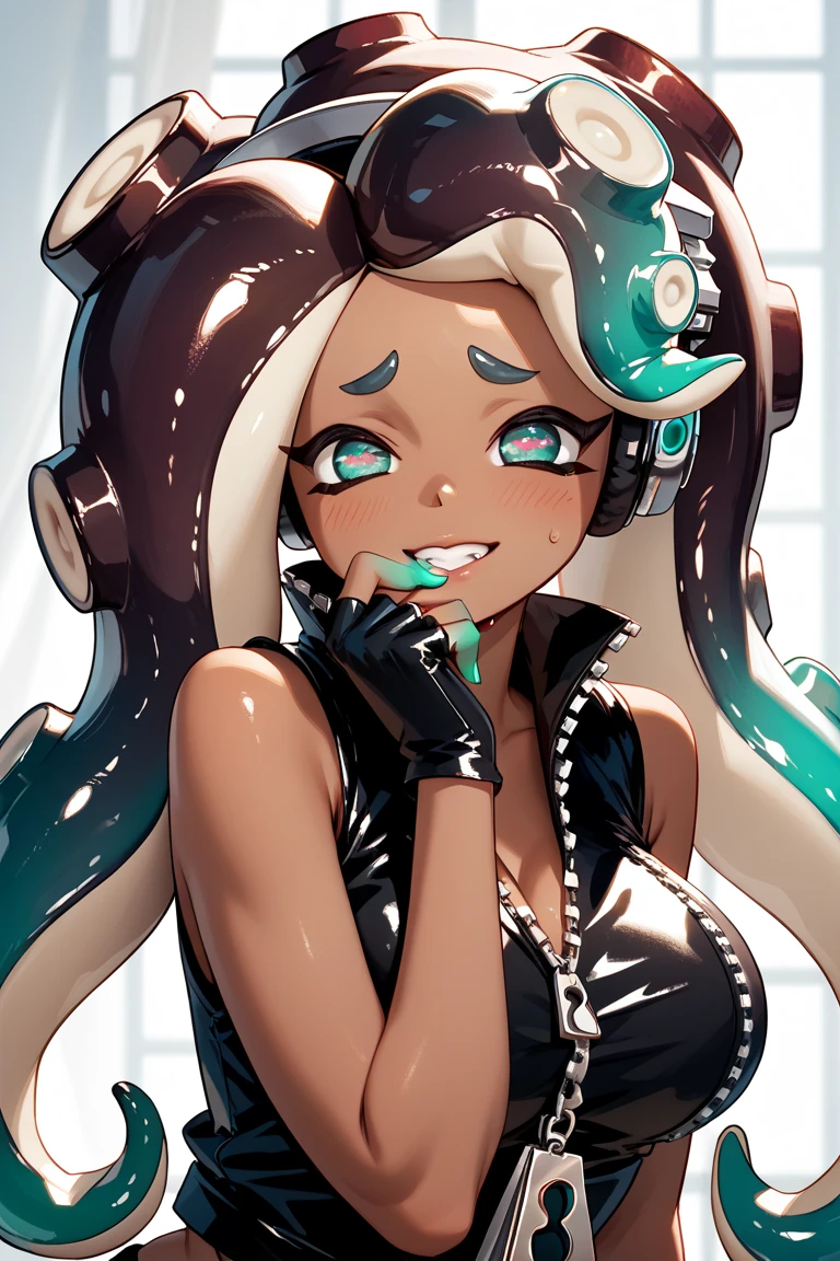 8K, high resolution, (pov), mature girl, lighting, love hotel, very very very very very very very very huge breasts, huge pelves, inner flesh, splatoon, (Marina:1.2), (dark skin:1.4), Black wear, cleavage, wet skin, tentacle gleaming hair, girl on the top, (1arm behind head and 1hand on chin:1.5), Temptation of blowjob, (her hand in front of mouth:1.2), (finger into mouth), (armpit), paizuri, penis, breasts, Seduction in Bed, Grasping her own breasts, front view, from above, upper-body, (looking at viewer:1.3), cry, (little penis:1.2), open mouth loudly, sticking tongue, cum in mouth, full of mouth, (excessive cum:1.4), cum on face, (cum in breasts:1.3), (cum on tongue:1.1), (cum swallow:1.3), (cum inside mouth:1.1), (spoken hearts)