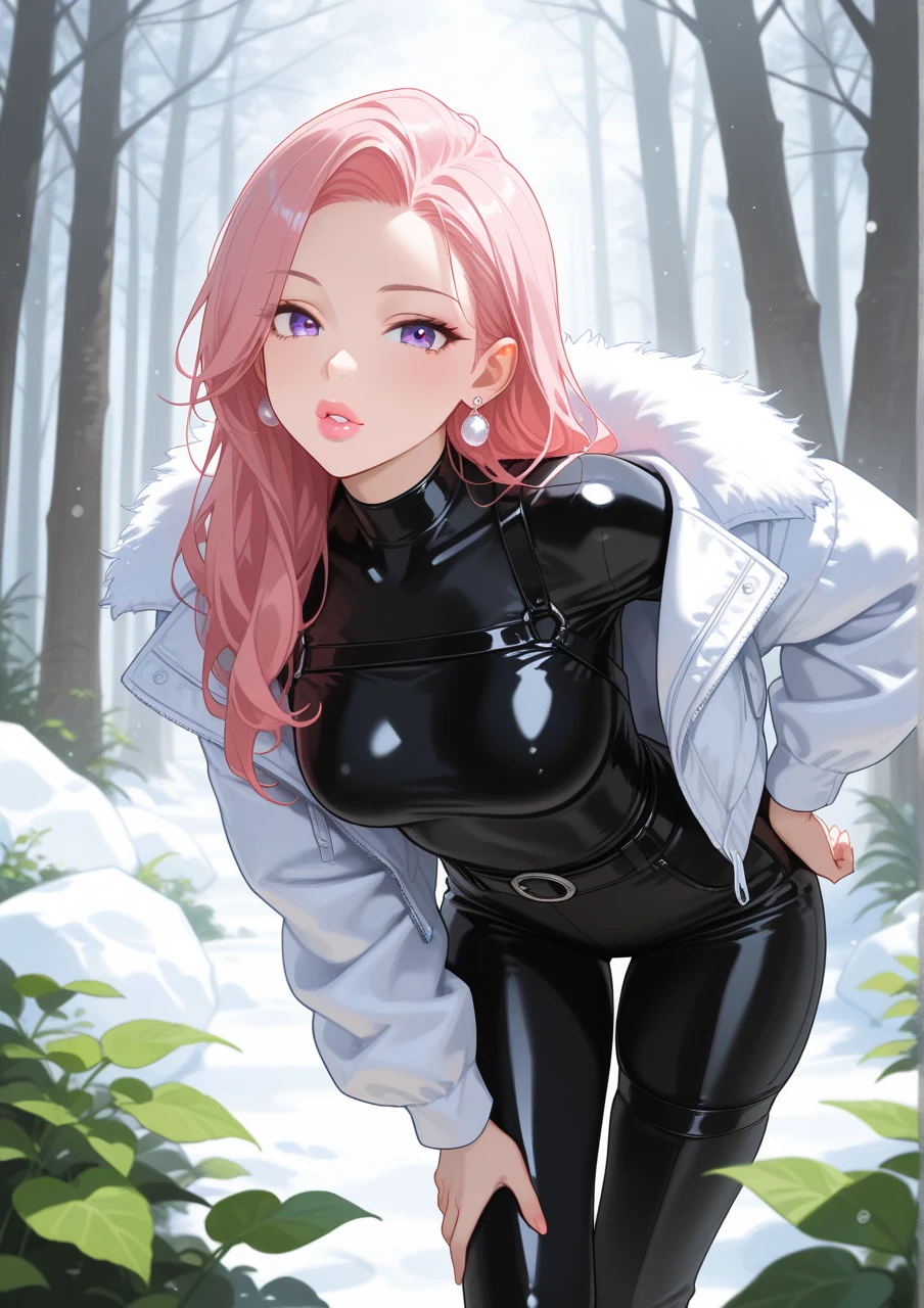 (8k, best quality, masterpiece:1.2), (realistic, photo-realistic:1.37), ultra-detailed, 1 girl,cute, solo, ,beautiful detailed eyes, medium wavy hair,  thick thighs, smiling, looking at viewer, , light pink hair, black lips, black lipstick, full body view, , whole body shot, voluptuous, choker, , winter gloves, winter, snow, snowing, unzipped, unzipped bodysuit, bodysuit, black latex bodysuit