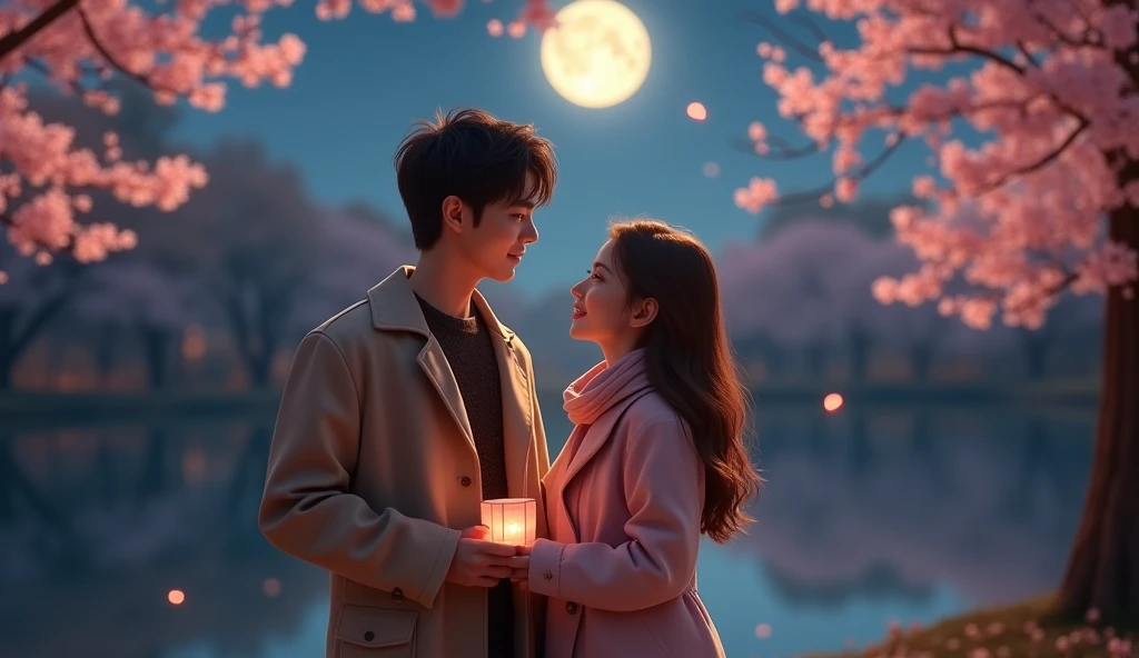A young couple stands together under a glowing full moon in a quiet, romantic park at night. The boy is a tall,
soft-featured young man with slightly wavy dark brown hair, wearing a beige coat over a dark sweater, gazing at the girl with a warm expression.
The girl is a youthful woman with long, wavy chestnut hair, wearing a soft pastel pink coat and scarf, holding a small paper lantern.
Cherry blossoms float in the night air. Cinematic 3D render, highly detailed, dramatic movie lighting with soft glowing effects, starlight reflection on a lake behind them,
romantic warm tones with gentle bloom and soft shadow.