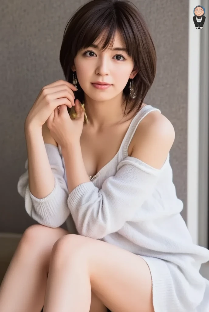 NSFW, ((Top Quality)), ((8K)), ((Masterpiece: 1.3)), (Perfect Appearance), (Photorealism: 1.6), (Japanese woman sitting on the couch), japanese woman, (48 years old), married woman, ((realistic skin texture)), (fine lines all over the skin: 1.0), dullness, lack of moisture, wrinkles on the face, wrinkles at the corners of the eyes, (double eyelids: 1.0, crying moles, Her lips are thinly parted, the corners of her mouth are raised in a gentle smile, dimples, short bangs, short hair, small breasts, summer sweater, tightly skirt, small nipples, (crossing legs), sitting on the couch, (crossing legs: 1.2), (whole body), low angle