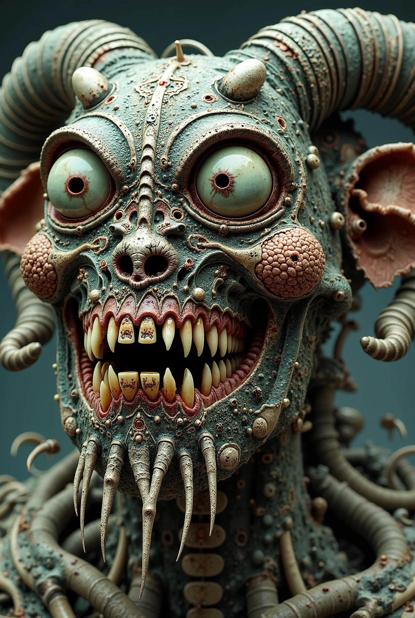 Nurgle plagued Tony Blair of Endless underbite, terrible teeth in a terrible jaw, glitched and double exposure and corrupted file, wires and endless braces