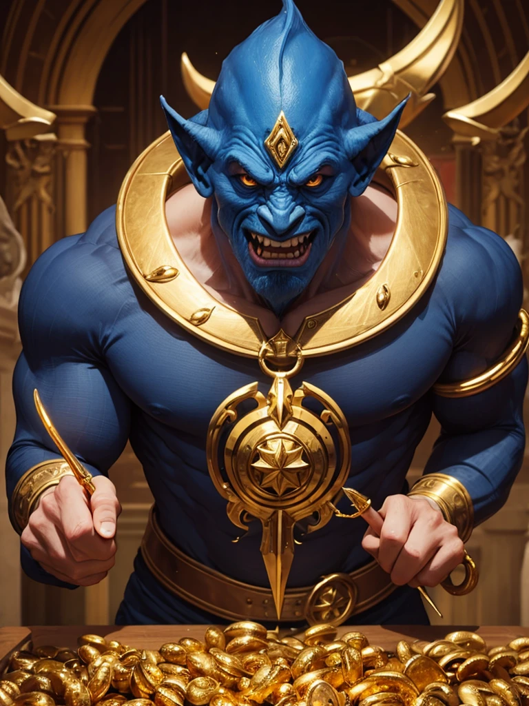 there is a man standing in front of a door with three gold statues, still from a music video, comicbook art, blue - ray screenshot, in the art style of quetzecoatl, supervillains, dbz, the sphinx, 2013, premiere, costume design, gray men, 27, by Nōami, singapore ( 2 0 1 8 ) --auto --s2