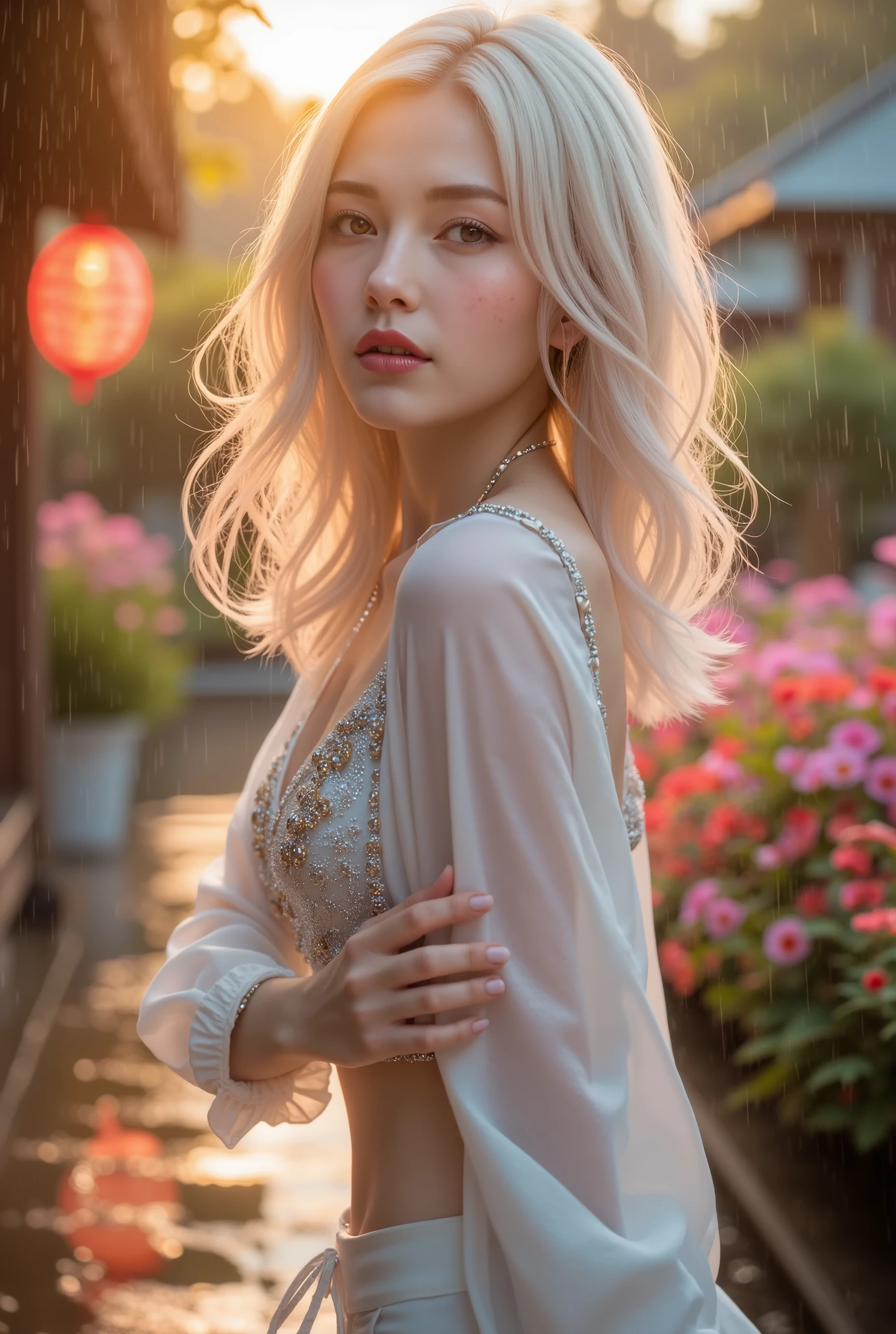  [Style: "masterpiece, realistic, (photorealistic Realism 16K Quality), ultra-detailed, UHD, Hyper high resolution" - "(Hyper quality, intricate ultra-detailed digital art)"] (Key Directive: - ("The priority is the anatomical accuracy and texture of the materials" - "Ultra-sharp human eyes with biological accuracy") {Character: "20-year-old white female" | Face: "symmetrical, pale skin, full lips, red lipstick: 1.15" | Eyes: "brown irises (hyper-detailed pupils:1.2), blue false lashes:1.28" | Hair: "waist-length white curly (setting light reflections: 0.5)" | Pose: "dynamic side position" Outfit: [Top: "white tight long-sleeved top (body-hugging, richly decorated: 0.9)"] [Bottom: "long pants ((low waist, tight, plain))"] Environment: "((photo from head to knee:1.3))" | "garden street at sunset (((rain-slick cobblestones), colorful flowers, cherry blossoms))" | Lighting: - ("Cinematic clarity and global illumination") Technical Specs: (DOF: "shallow, f/1.8, blurred crowd in background") (Post-Processing: "Specifications: (DPF: "deep, f/1.8, distinct garden in the background") (Post-production: "chromatic aberration: 0.7") (Rendering engine: "Unreal Engine 5 path tracing, 16K texture maps") The ultra-Highres,Unreal 5,Subsurface scattering,PBR Texturing,Post-Processing,Anisotropic Filtering,depth of fields,Maximum Sharpness and Sharpness,multi-layered texture,Albedo and Specular maps,Surface Shading,Precise simulation of light-material interactions,perfectly proportions,Octane rendering,Two-tone illumination,Wide Aperture, low ISO, white balance, The rule of thirds }