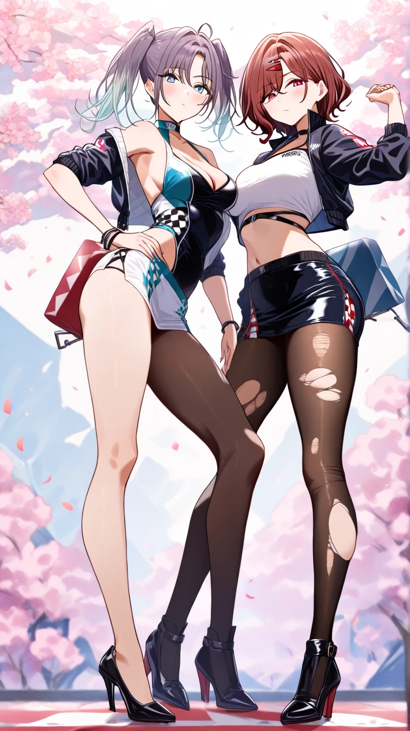 Best Quority，masterpaintings，Extremely detailled，A high resolution，4K，ultra-high-resolution，detailed shading，Perfect light and shadow，Two sexy girls in fashionable clothes on the street，Exquisite facial features，Colorful little braids，anime cosplaying，Anime style mixed with Fujifilm，lovly，big laughter，tear moles，A big-breasted，Sexy cleavage