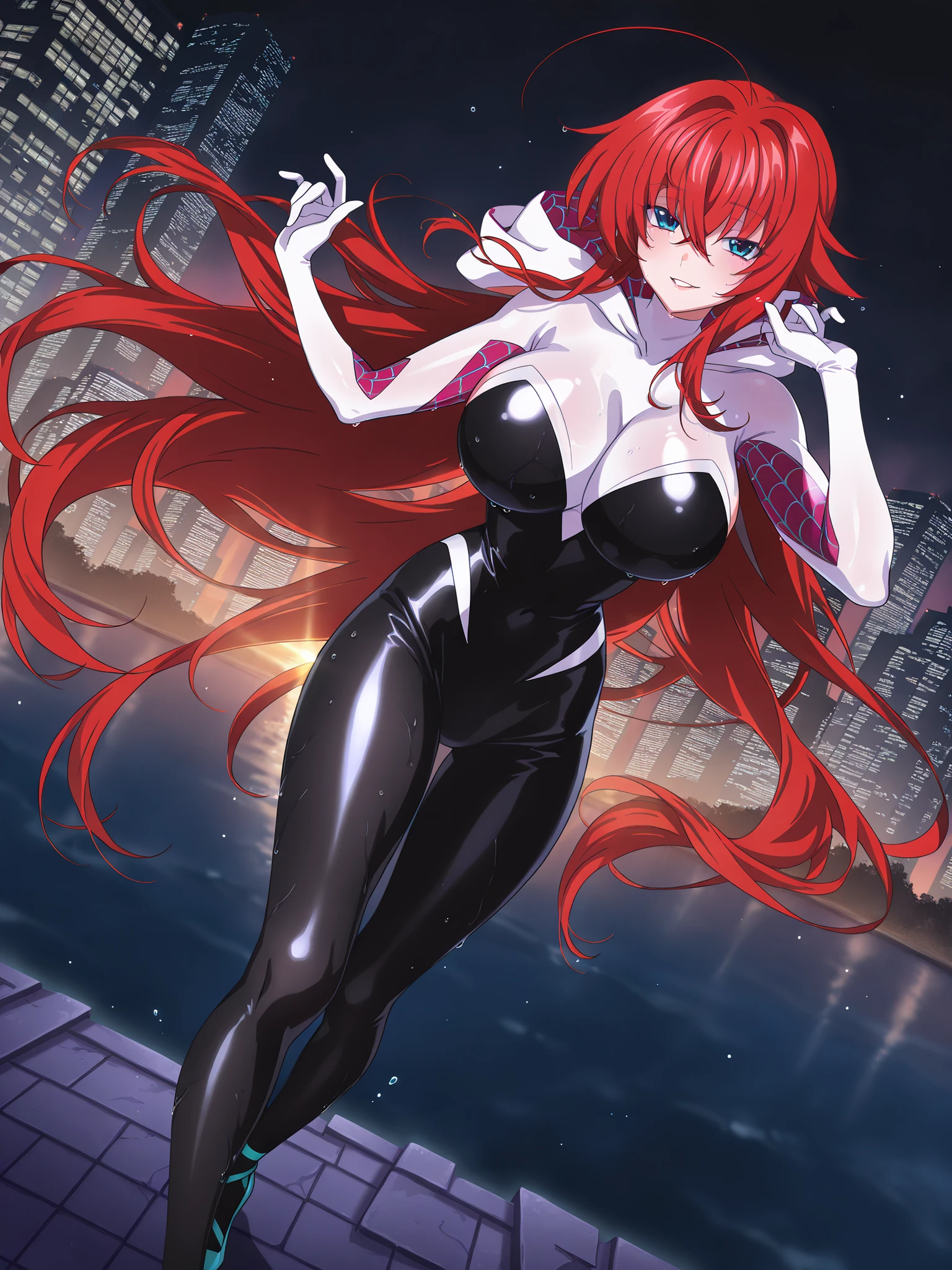 masterpiece, best quality, amazing quality, very aesthetic, absurd, newest, landscape, anime screenshot, dutch angle, rias gremory, (Spider Gwen Outfit), 1 girl, alone, red hair, huge ahoge, very long hair, blue eyes, deep ocean blue eyes, crossed bangs, large volacimatuous breasts, looking at viewer, slight smile, contrast, looking at viewer, seductive smile, hands up, anime coloring, expressive, sensual pose, full body, cleavage, steam, wet, night, outdoors, , long hair, big breasts, smiling, blushing, masterpiece, best quality, standing, white strapless sweatshirt, hooded eyes, blushing, adult, pause, alone, standing, spider-gwen, full body, wind, black leggings, pause, black background, high quality spider-gwen outfit, sunset background on top of a building, dynamic lighting, elevated, standing, seductive smile, mischievous, wild, looking at the viewer, seductive body, sensual, particles of light, open mouth, parted lips, bare legs, happy, open mouth,