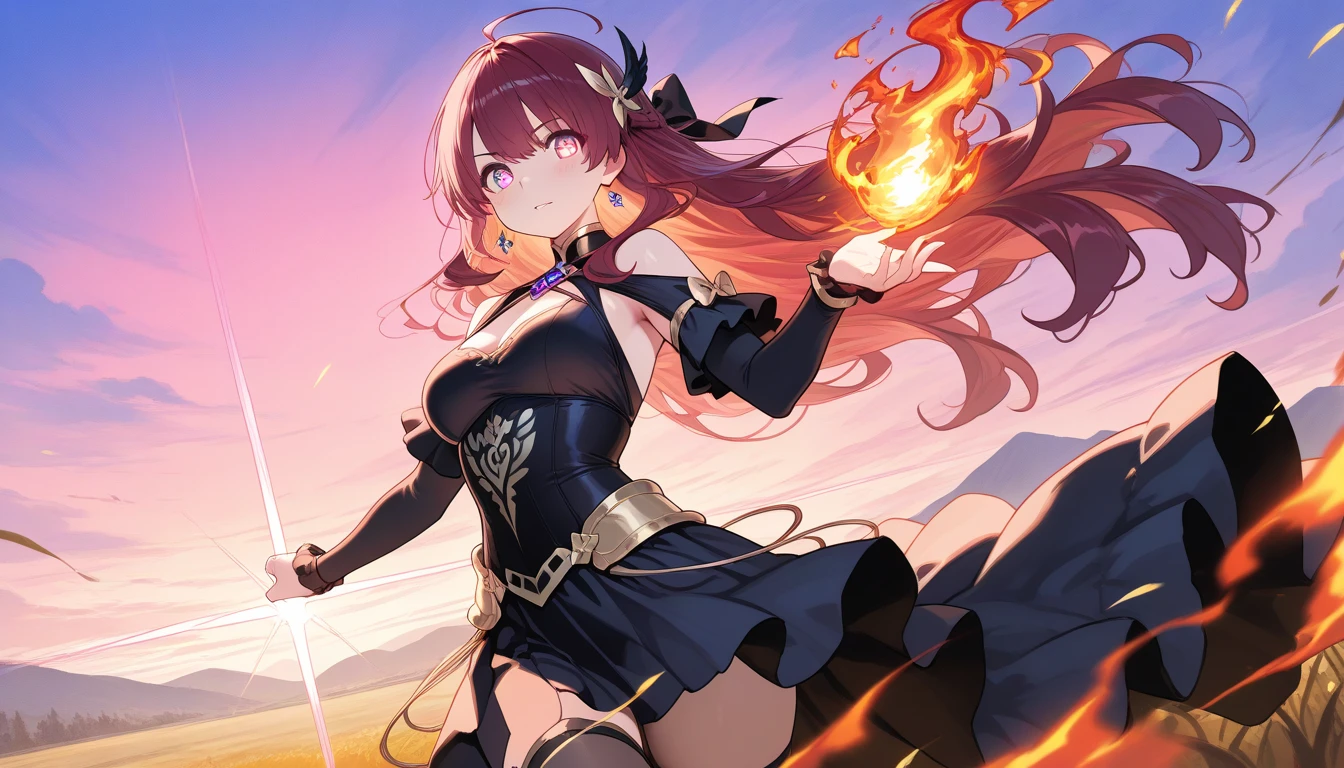 ((masterpiece, hightquality, detaileds, in isekai, Long red-haired woman sitting on a throne with golden balls) appears as the fire goddess)), holy fire spell art, beautiful celestial mage, goddess of fire, Fiery mandala, genshin impact character, fire spell