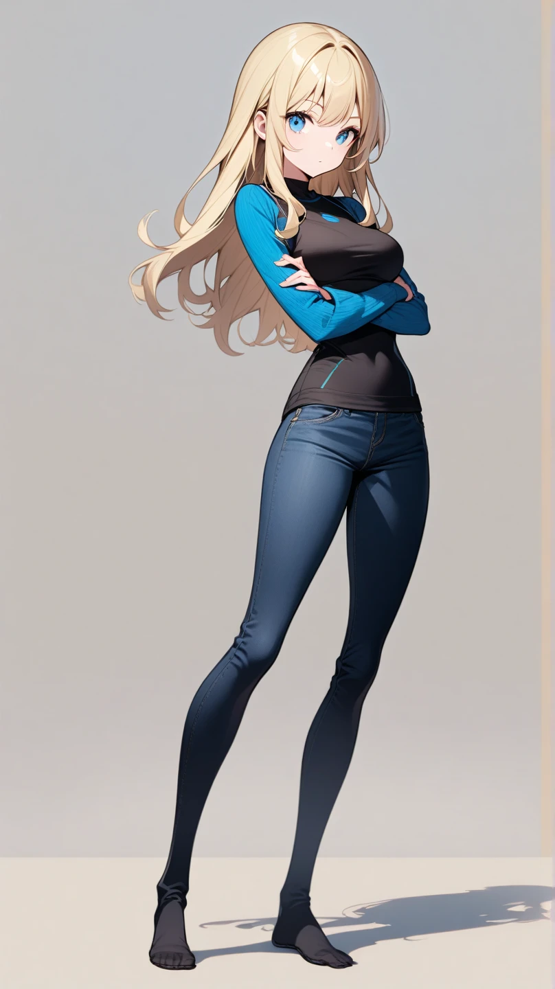 digital_media_(artwork) hi_res, score_9, score_8_up, score_7_up, score_6_up, score_5_up, score_4_up, rating_safe, beautiful, anthro, furry, female, detailed textured fur, fur tufts, fluffy, slim, slender, small breasts, cute, sweater, denim jeans, beautiful blue eyes, smile, solo, SFW, long blonde hair, lynx, multicolored hair, streaked hair, operaomniastyle, full body, white background,