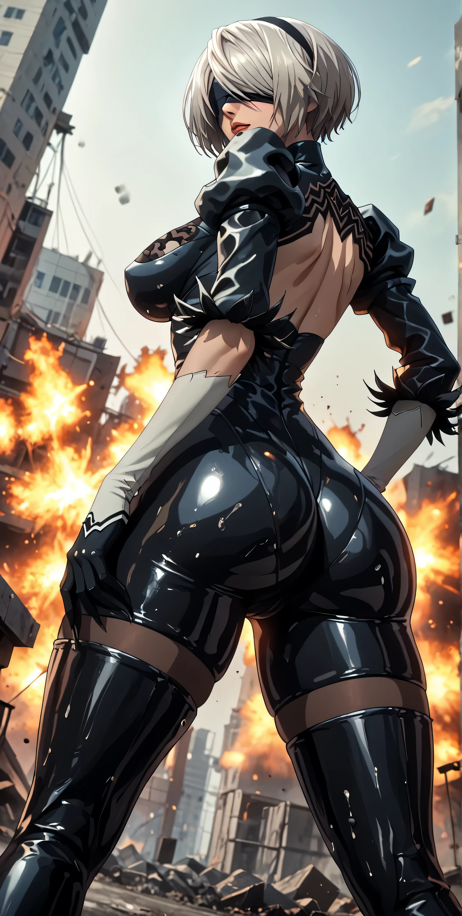 score_9,score_8_up,score_7_up, score_6_up, score_5_up,source_anime, full body, boudoir, sfw, arcane liquid fluid, sexy, alluring, erotic, silver liquid metallic an explosion of Liquid Metal, dystopian decaying city, metallic paint twisting into a beautiful interpretation of 2b, yorha no. 2 type b, short hair, silver hair, black hairband, very big breasts, mole, black hairband, blindfold, covered eyes, black blindfold, furrowed eyebrows, very silver hair, undercut hair, one side of hair shaved, female, black virgin bodysuit, busty, curvy hips, form fitting, seductive, curvaceous, (fake breasts), black bra and panties, curvy ass, thick thighs, black garterbelt, dutch angle tilt, looking at viewer, legs spread wide open, aroused, black bodysuit, dynamic angle, three-quarters view), (solo), long claws, rear view