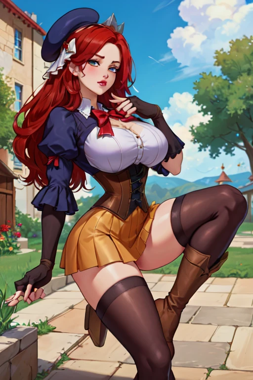 (high quality, 8k, 4K, high contrast, artwork:1.2, high quality, best aesthetics), (centralized), ((1 woman)), erotic, sensual, mature body, super detailed, beautiful face detailed, beautiful eyes detailed, detailed beautiful mouth, perfect breats, perfect wide thighs, (red hair), (long red hair), (messy red hair), (green eyes), (light green pupils), (gentle calm expression), (piercing gaze), (looking at viewer), (sexy cowgirl outfits), (western clothes), (old west), (standing), (front view)