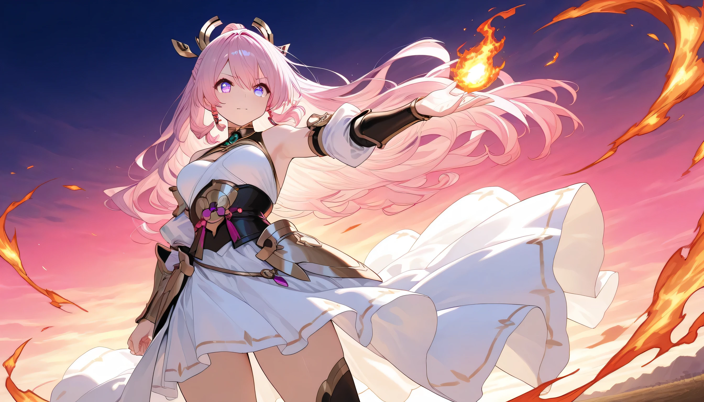 A powerful anime-style digital illustration of a determined young female warrior standing against a fiery sky. Her long hair flows in the wind, and her eyes burn with resolve. She wears a modern fantasy outfit with glowing accents, symbolizing inner strength. The background shows a fractured world slowly healing with light. Emotive lighting, vibrant colors, and dynamic posing emphasize power and hope.