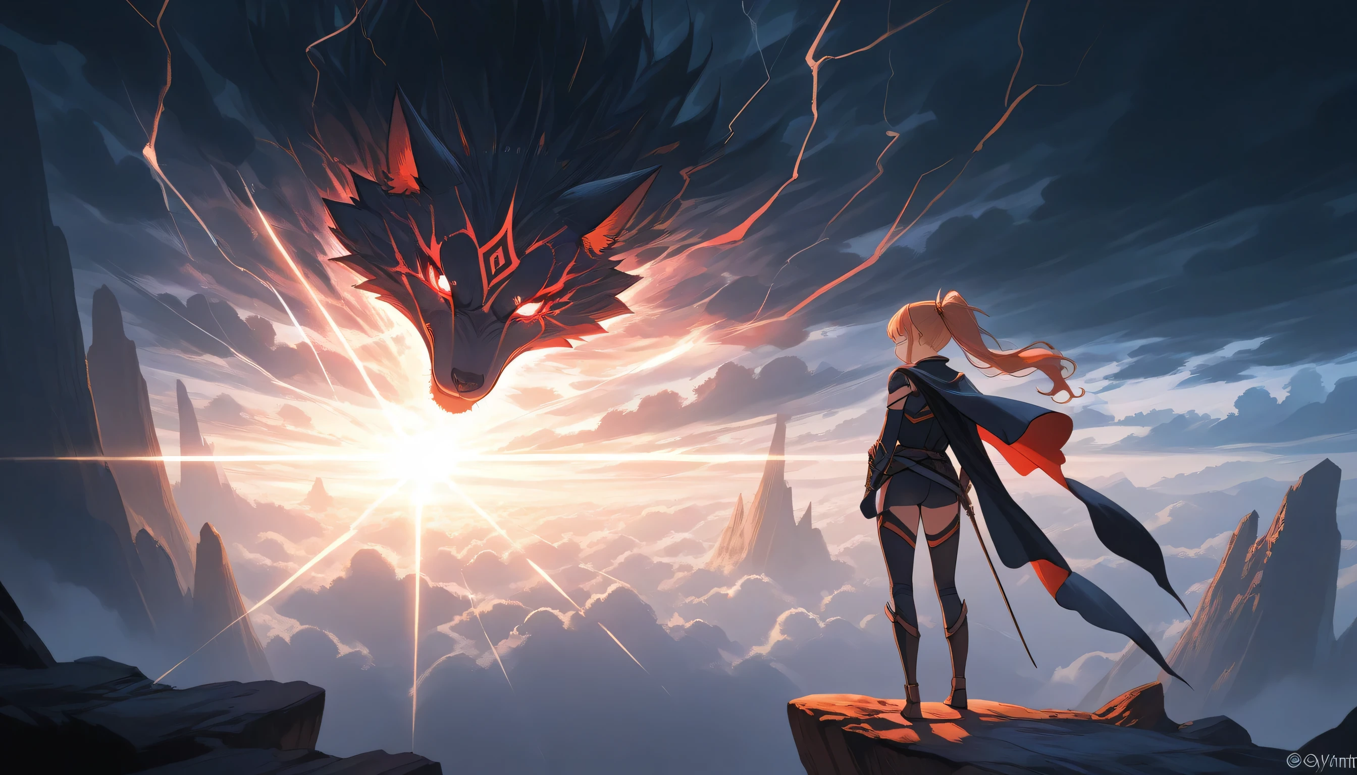 An epic anime-style widescreen digital painting of a strong female protagonist standing atop a glowing cliff, overlooking a vast, storm-swept landscape. She gazes into the horizon with a defiant, hopeful expression. Her futuristic battle outfit shimmers with light, and her cape dances in the wind. Rays of sunlight pierce through the dark clouds, symbolizing hope. Highly detailed, cinematic lighting, vibrant yet emotional atmosphere.