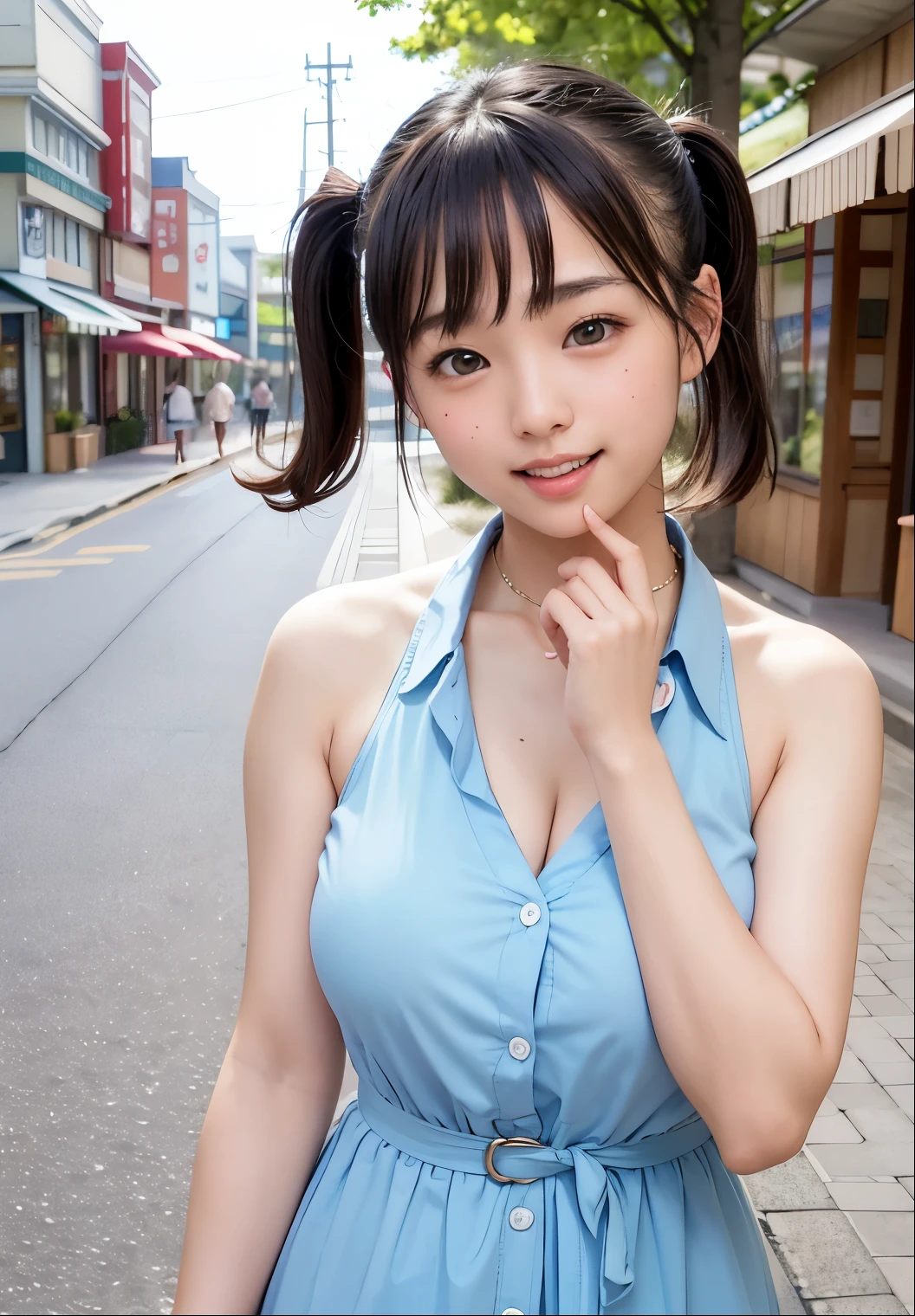 (top quality,masterpiece:1.3, super high resolution ),(very well detailed、caustics) (realistic:1.4, RAW shooting、)Ultra-realistic Capture、very well detailed、natural skin texture、masterpiece、( Japanese woman wearing a sleeveless light blue button-down shirt dress photographed on main street at a summer health resort:1.3), Ring Belt、adorable expression、Expressions of Happiness、、: 、young face、 amazingly cute、twin tails、 straight hair that sits on its own 、scrunchie、black hair、light makeup、necklace、H-cup busty、 Glowing Thighs、Skin Arm、Background details、smile、 charming gaze、anatomically correct、cowboy shot、Attention to Details、It was taken on the main street of a summer health resort、empty hands、