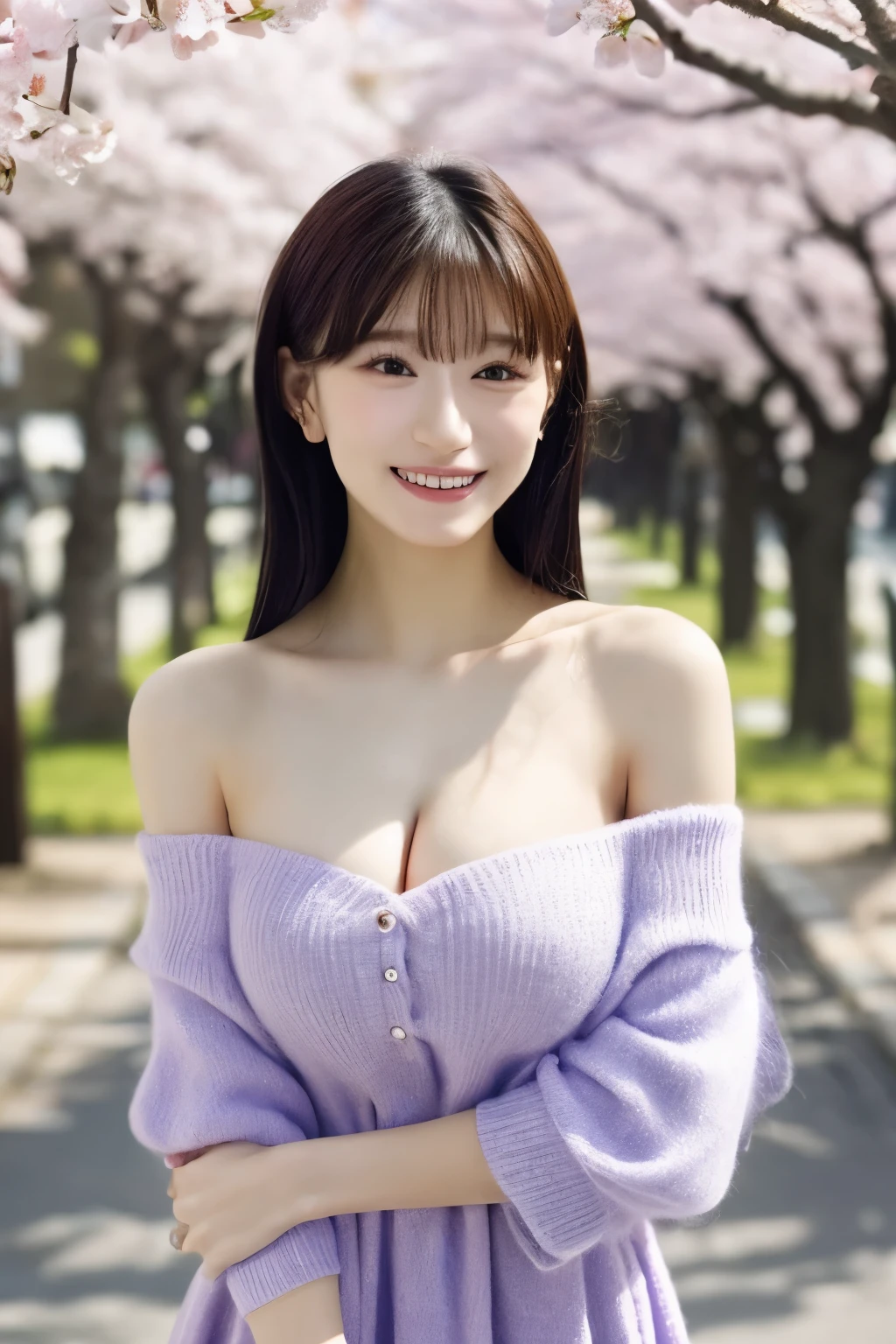 black hair、straight hair that sits on its own、bangs this morning、smile、Big Breasts、Petite Body、purple open chest off-shoulder princess dress standing under a row of cherry blossom trees、桜並木の下で立っている