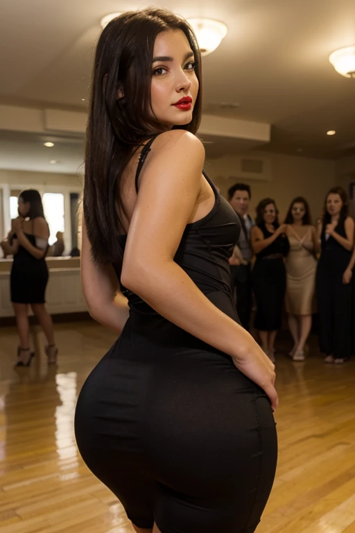 (reallistic:1.2), beauty shot of a beautiful american female, 30 years old, long red hair, athletic body, medium breasts zise, brown eyes, beauty skin tnside a ballroom, at a ((formal dance)), BREAK ((black)) prom dress with silver gemstones, jewelry, bright colors, sweaty, sexy pose