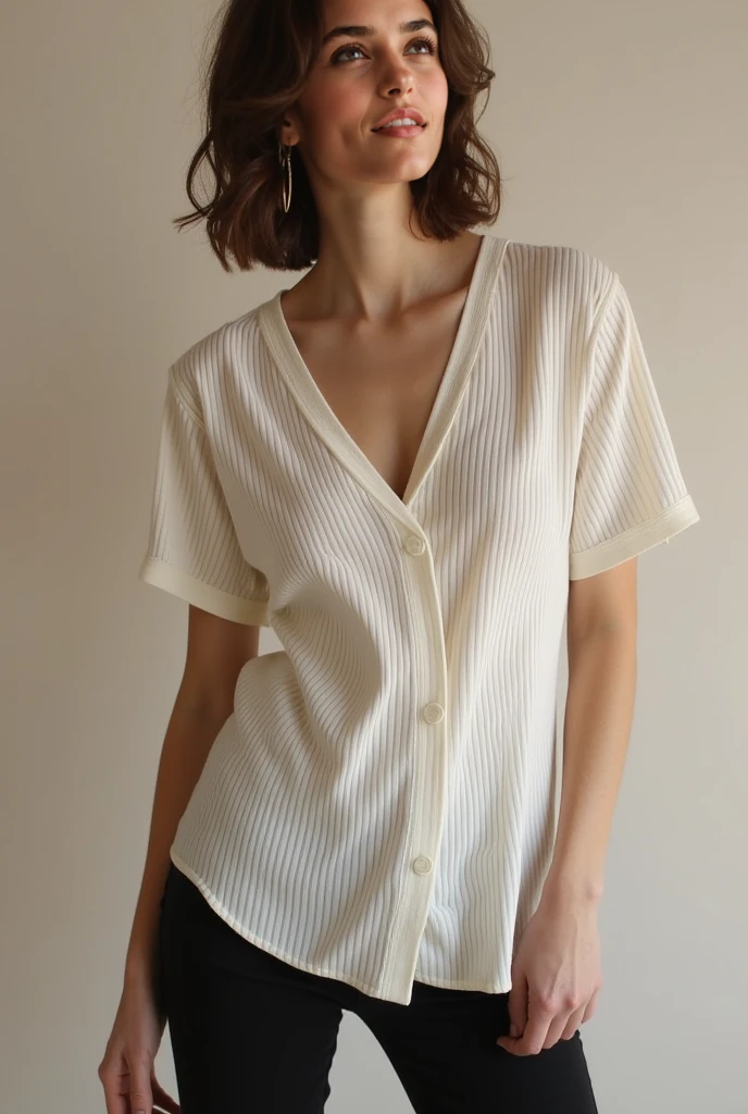 a woman in a white shirt and tan pants posing for a picture, dressed in a white t shirt, wearing white v - neck top, dressed in a white t-shirt, white tshirt, white clothing, white top, tight shirt, wearing v - neck top, white clothes, wearing white shirt, wearing a white shirt, wearing a light shirt, short sleeves