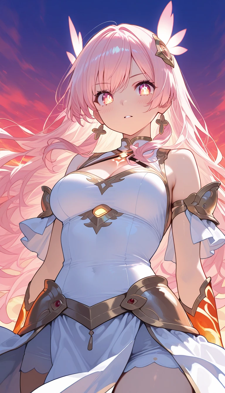 masterpiece, best quality,((ultra-detailed)), (illustration), ((an extremely delicate and beautiful)),dynamic angle,floating, (beautiful detailed eyes),(bright eyes) ,(detailed light),solo,
1girl, bangs, blue_eyes, blunt_bangs, breasts, building, city, cityscape, cleavage, cloud, cloudy_sky, dusk, evening, gradient_sky, hair_ornament, logo, long_hair, looking_at_viewer, mountainous_horizon, orange_sky, outdoors, pink_hair, purple_sky, red_sky, scenery, sky, solo, sun, sunrise, sunset, twilight