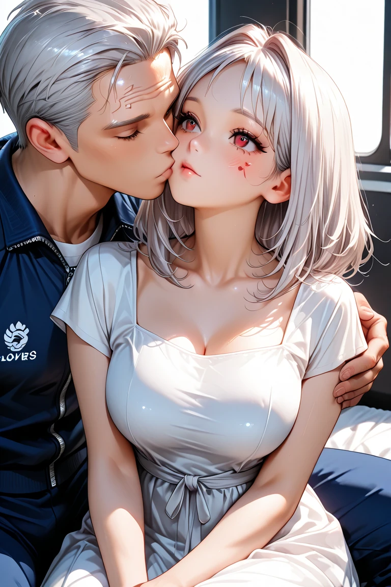 (1 white woman in her 20s with big breasts and short silver hair and 1 hairy, ugly Arab man having sex.) . (legs wide open),(woman holding man's penis between her breasts),(breast sex1.5). (boob job),(titjo)(oral sex),(white woman is rubbing her own breasts),(white woman's expression is frightened and crying. ), (white woman has vacant eyes), (the woman is wearing an unbuttoned blouse and nothing on the lower half of her body). (No underwear),(tits, breasts and nipples visible),(semen dripping from vagina),(penis in vagina),(gushing sweat),8K,(perfect anatomy),(vulgar), semen. (tears),(perfect vagina), Sexual slaves, (one woman and one man),(one woman's upper body is shown), Location: bedroom in luxury villa at night, outdoors