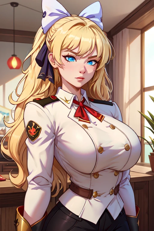 Girl with long blonde hair, hair down, red lips, blonde fox ears and tail, big breasts, wearing a highschool uniform