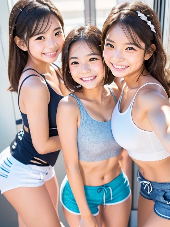 Japanese、Three beautiful girls　erotic　A tight, neon-colored sports bra made from a thin material　smile