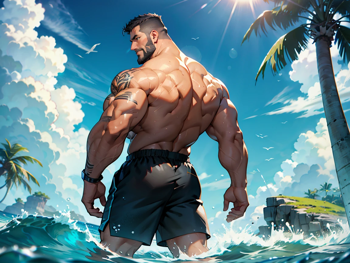 arafed male bodybuilde in a swimsuit in the ocean, muscular male hero, muscular character, super buff and cool, muscular characters, muscular werewolf, muscular male, massive muscles, muscled, extremely muscular, bodybuilder body, bodybuilder superhero bikini, muscular!! sci-fi, muscular men, muscular! fantasy, bursting with muscles, bodybuilder