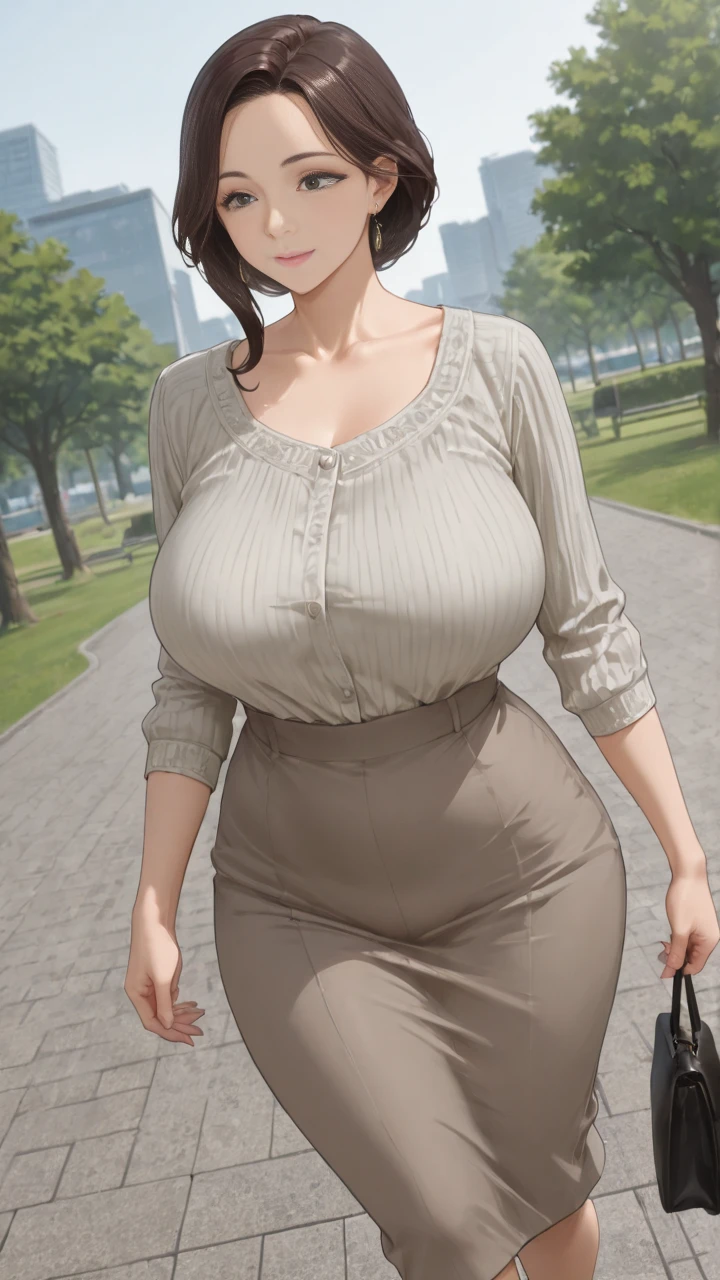 masterpiece, best quality, 1girl, beautiful business woman with wavy hair, brown hair, large bust, cleavage, wearing white tank top cropped and gray midi pencil skirt, long tight skirt, midriff, belly button, sneakers, necklace, bracelet, summer, garden in the city, looking at viewer, light smile, full body, hand on hip,