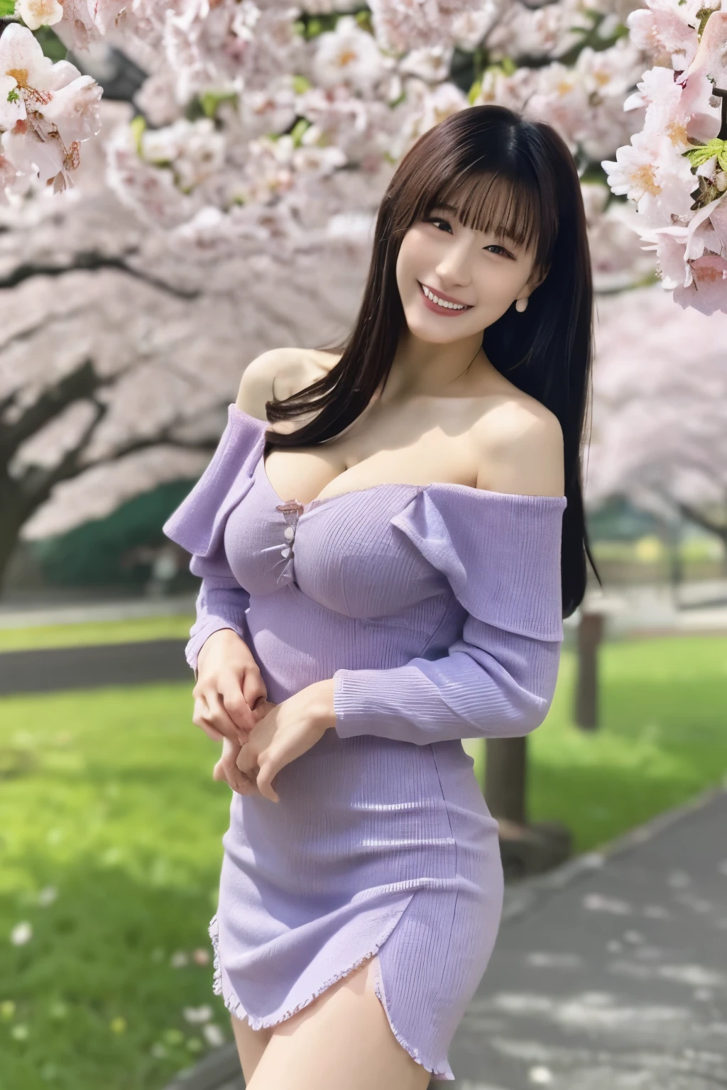 black hair、straight hair that sits on its own、bangs this morning、smile、Big Breasts、Petite Body、open chest purple off-shoulder princess frill mini dress、Standing under a row of cherry blossom trees